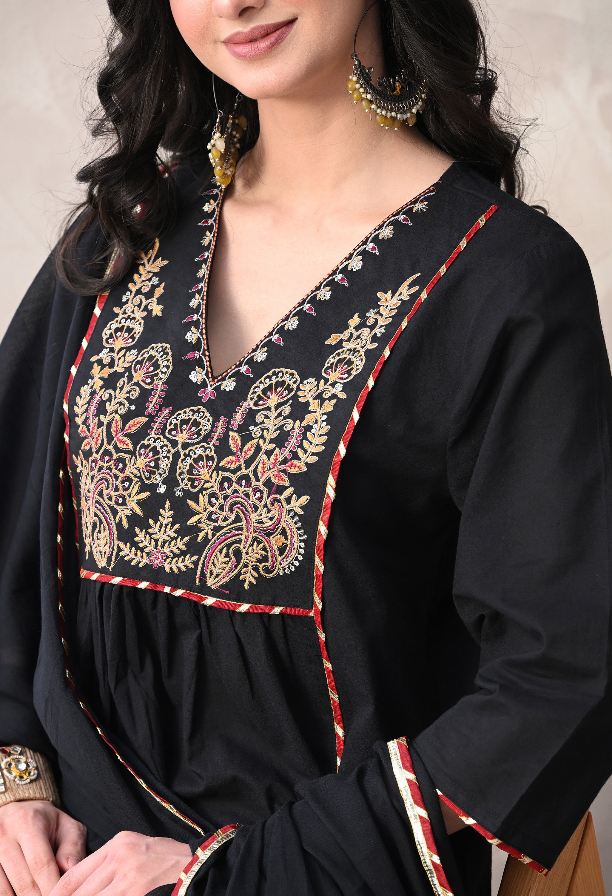 MEERA FAB Women's Cotton Anarkali Kurta with Palazzo and Dupatta, Embroidered Yoke, 3-Piece Set