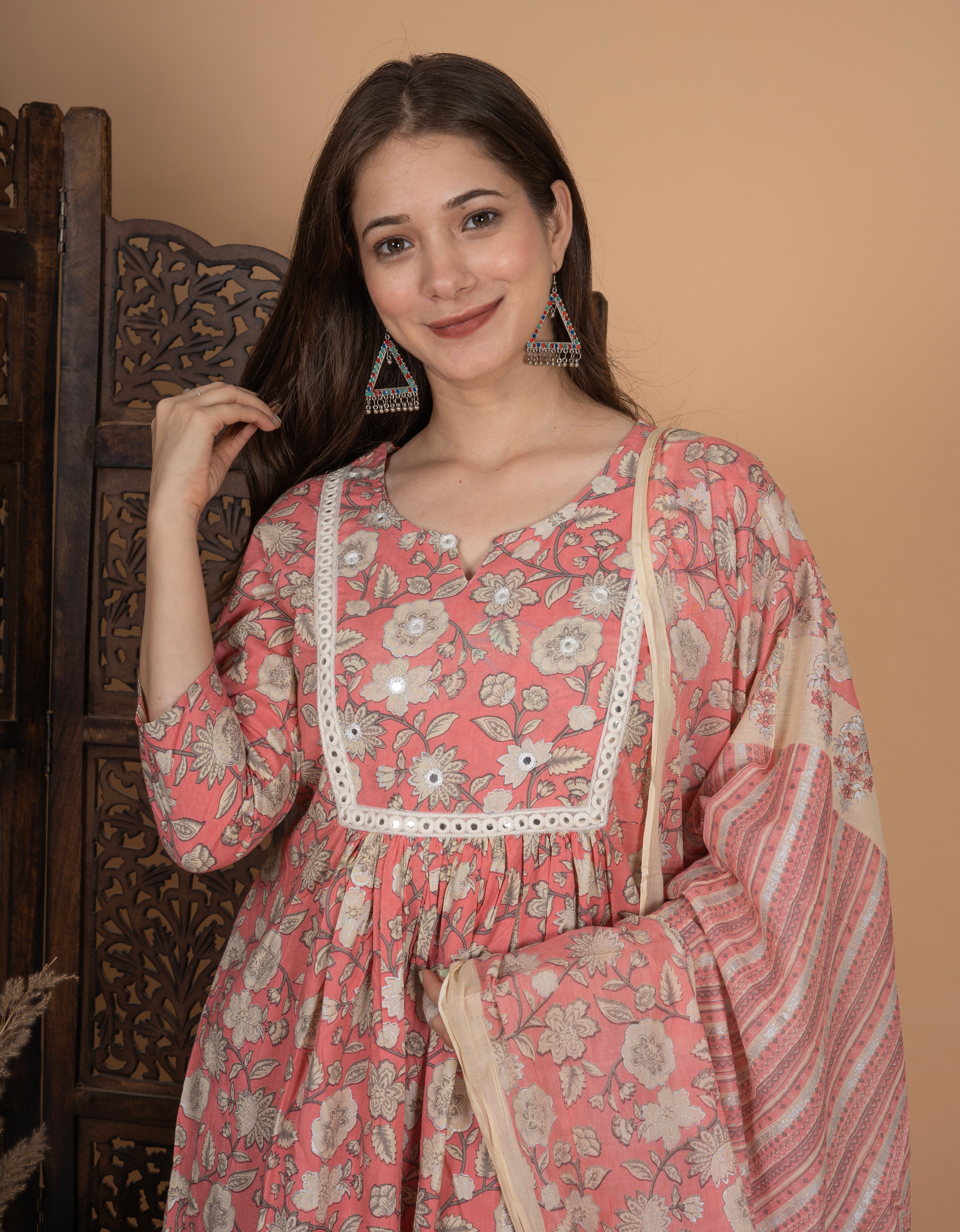 MEERA FAB Women's Cotton Printed Anarkali Kurta With Palazzo & Dupatta Set With Handwork