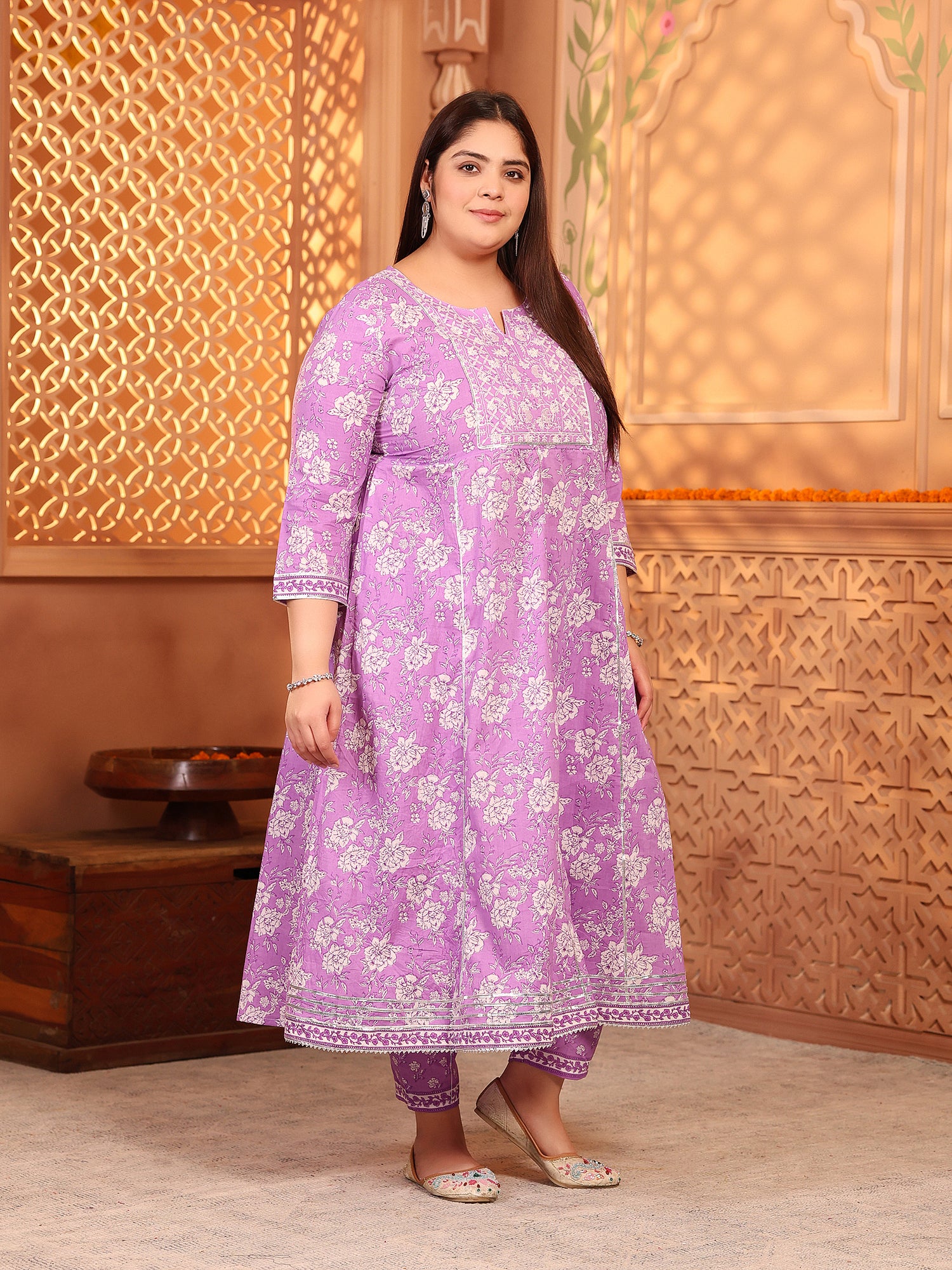 MEERA FAB Women's Pure Cotton Printed Anarkali Handwork Kurta with Palazzos & Dupatta