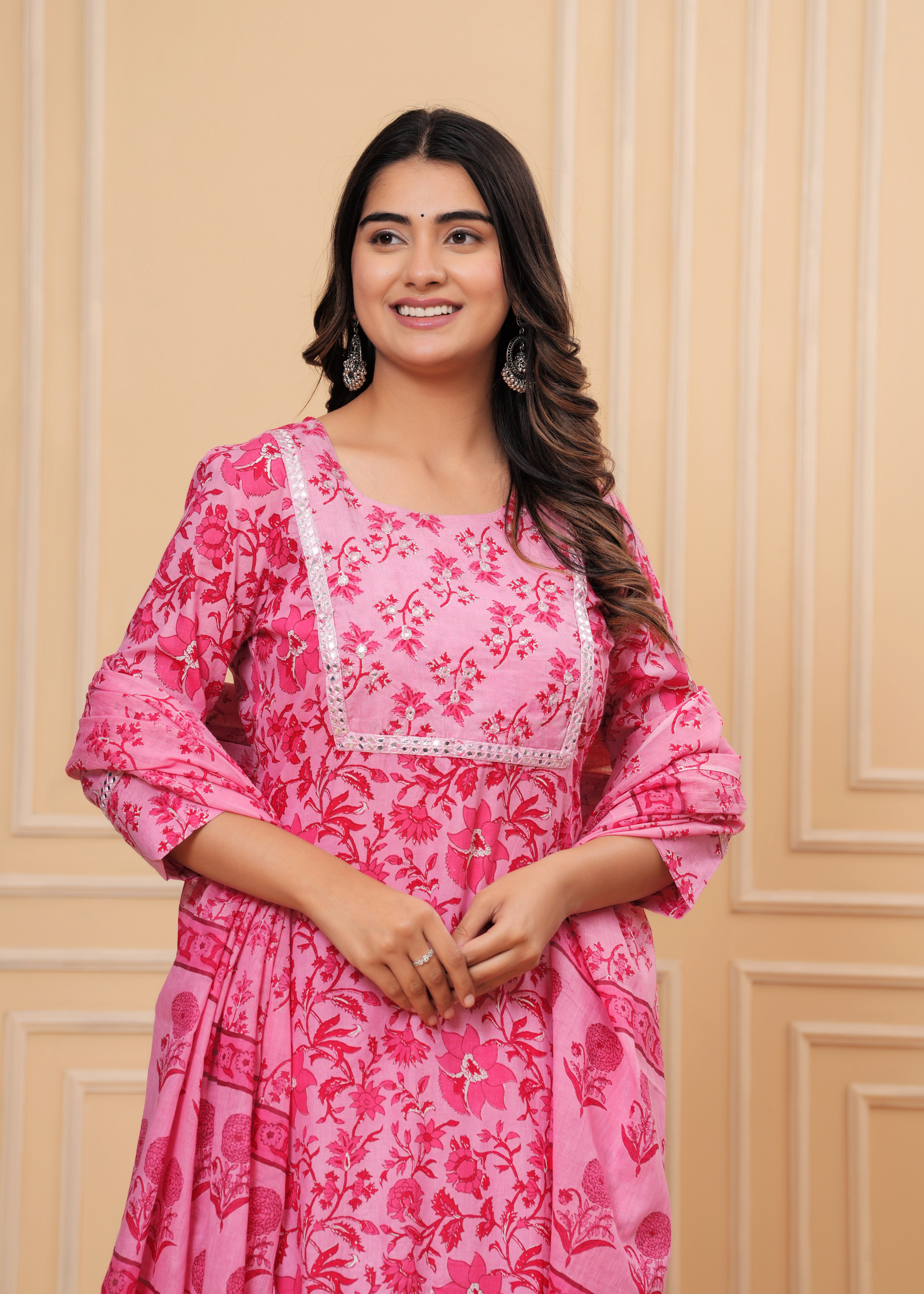 MEERA FAB Women's Cotton Printed Straight Kurta with Palazzo & Dupatta Set with Yoke