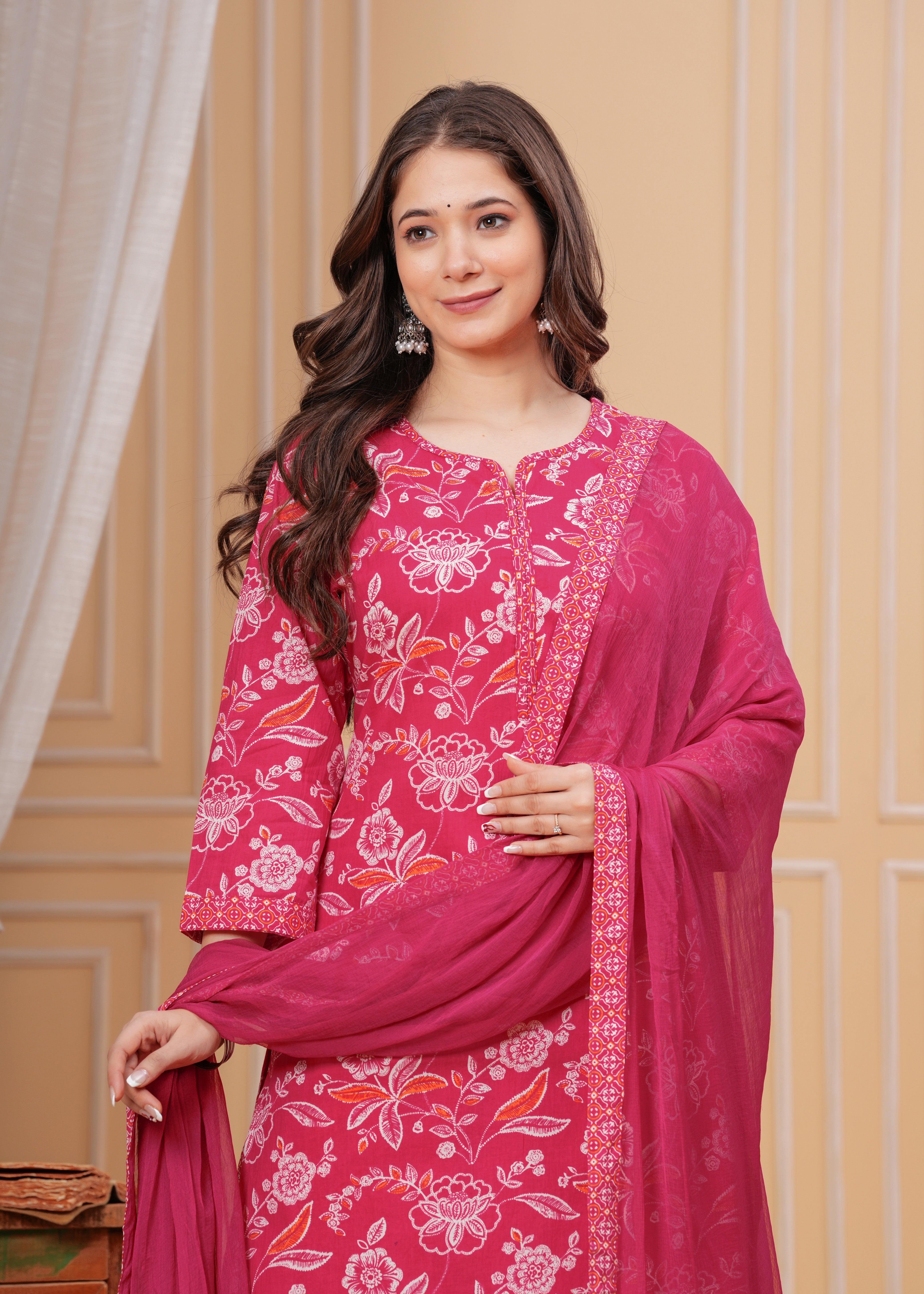 MEERA FAB Womens Pure Cotton Floral Printed Kurta with Palazzo & Dupatta