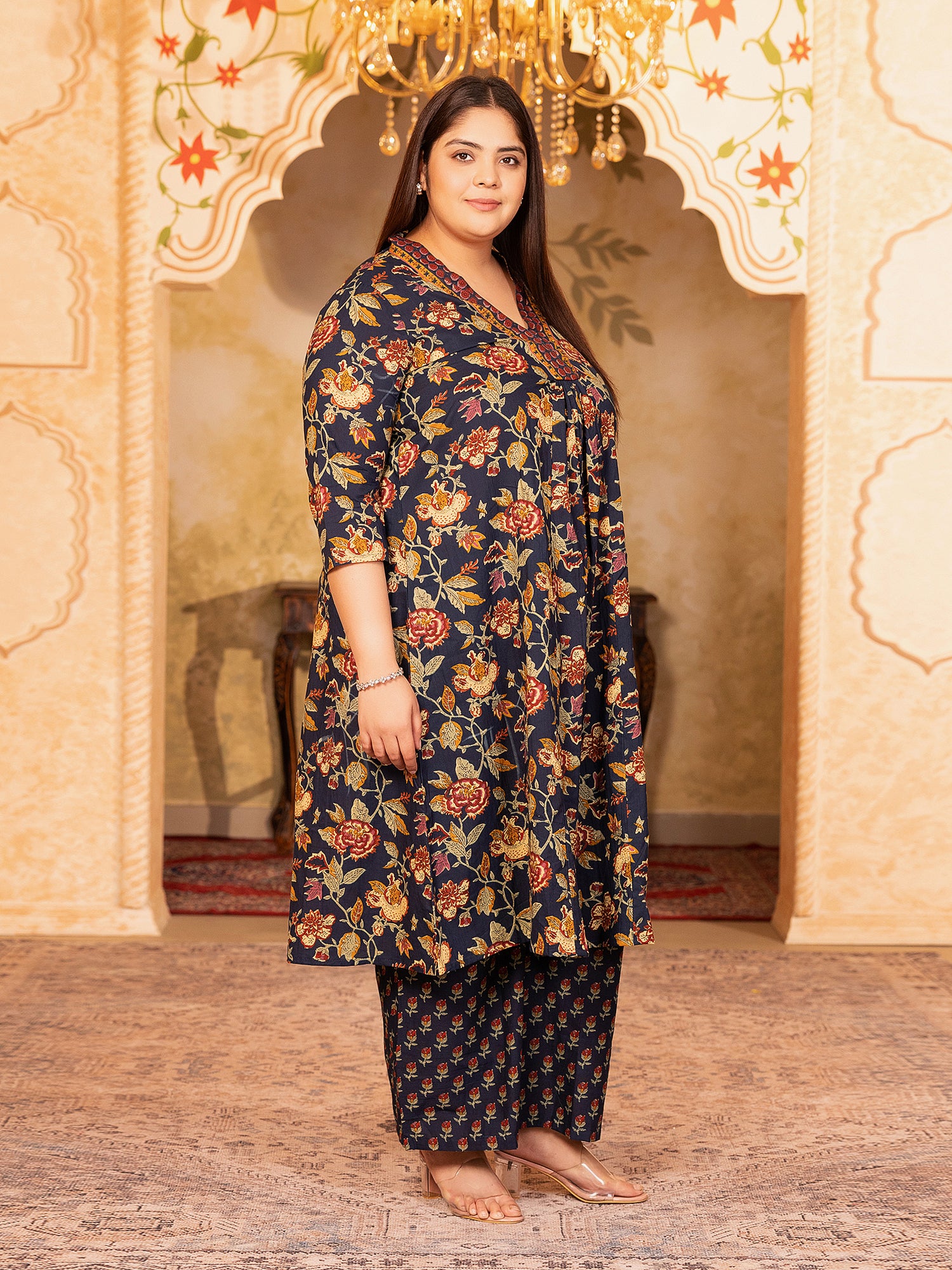 MEERA FAB Women's Cotton Blend V-Neck Plus Size Kurta Printed Kurta with Palazzo & Dupatta Set