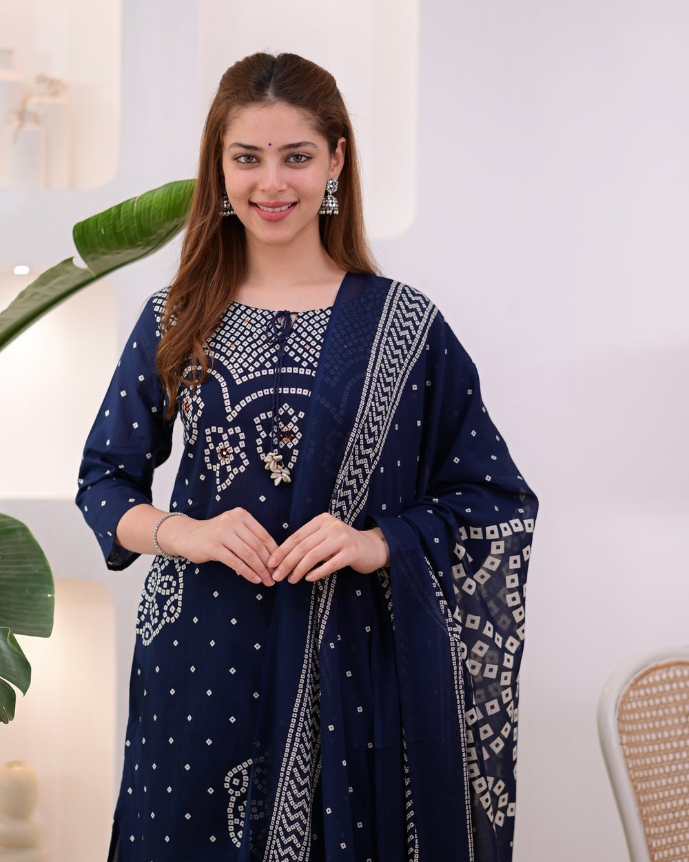 MEERA FAB Women's Pure Bandhej Cotton Straight Kurta Set with Palazzo Pants & Dupatta|Ethnic wear|Kurti Suit Set for Women