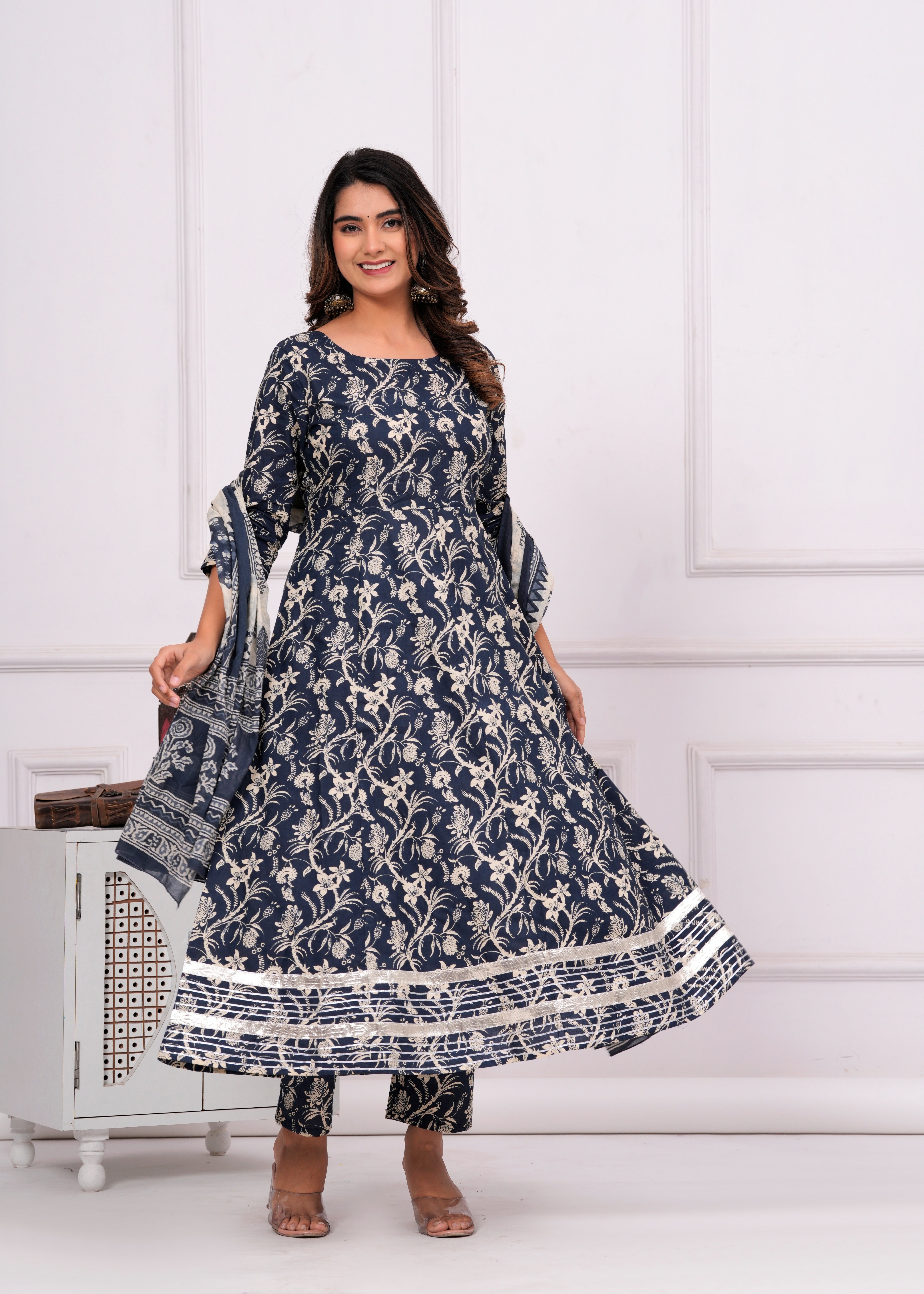 MEERA FAB Women's Cotton Printed Anarkali Kurta with Palazzo & Dupatta Set with Dori