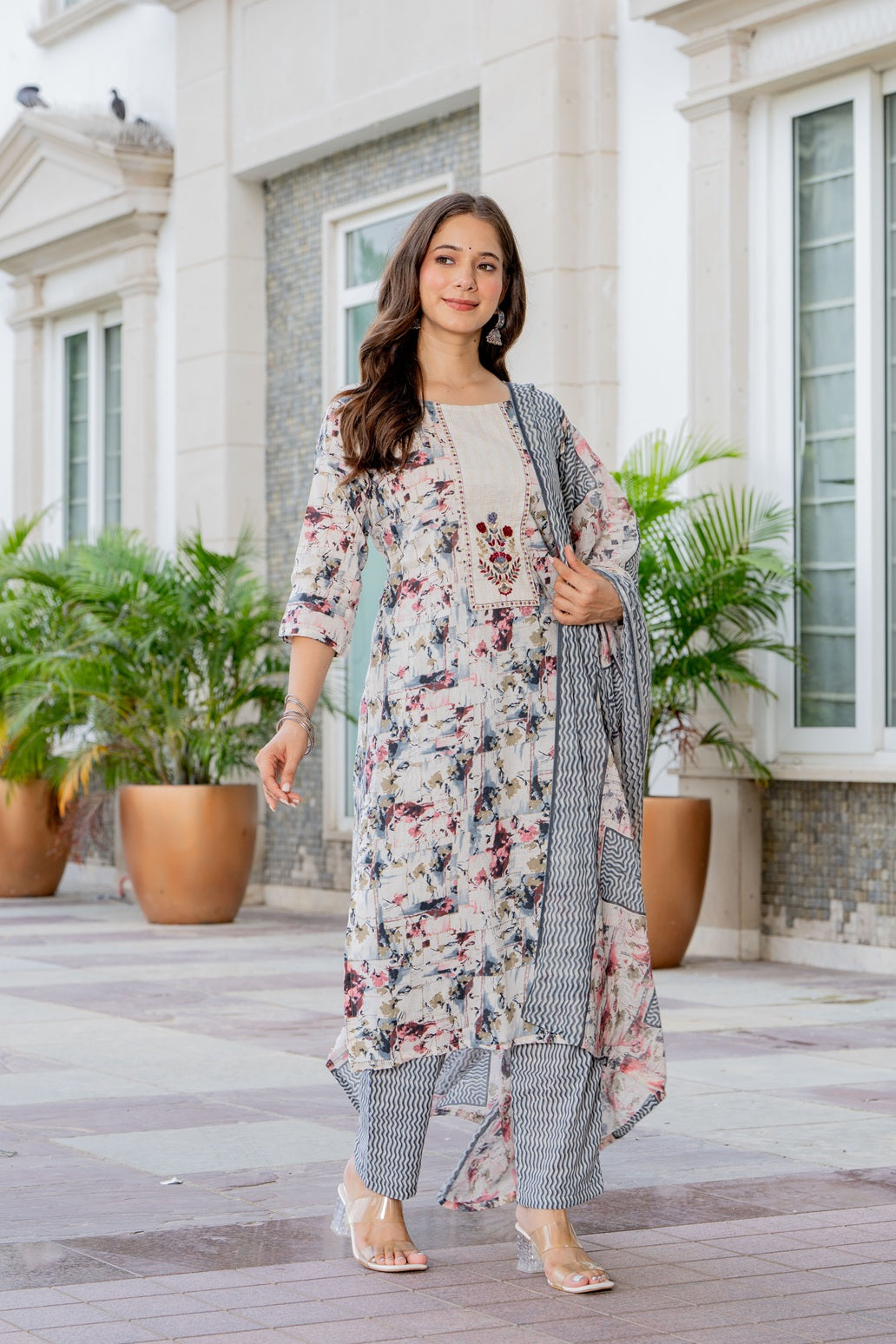 MEERA FAB Women Red Printed Regular Pure Cotton Anarkali Kurta with Palazzos & with Dupatta
