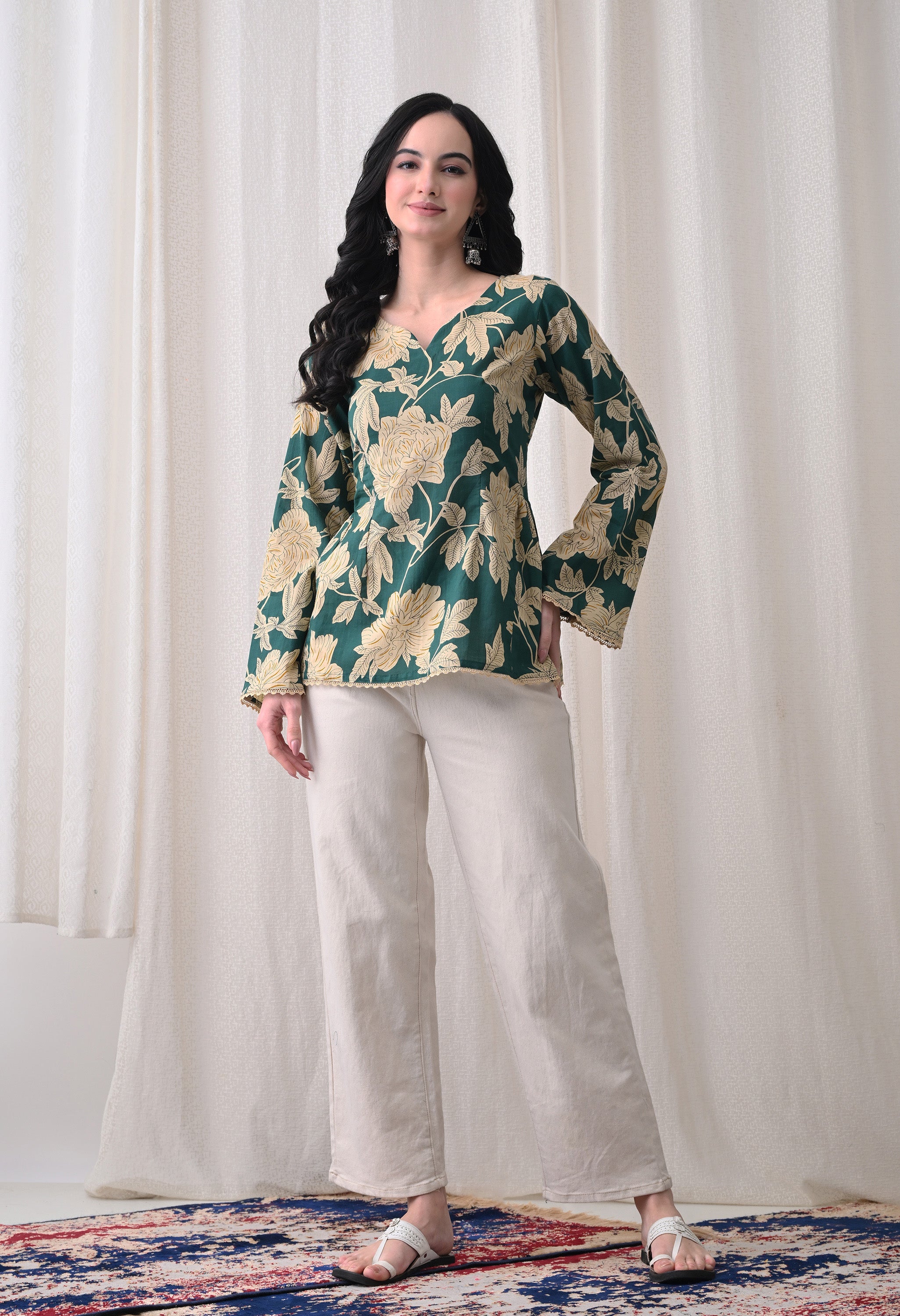 MEERA FAB Women's Summer Floral Printed Cotton Short Kurta Bell Sleeves | Floral Printed Kurta | Short Kurti for Women