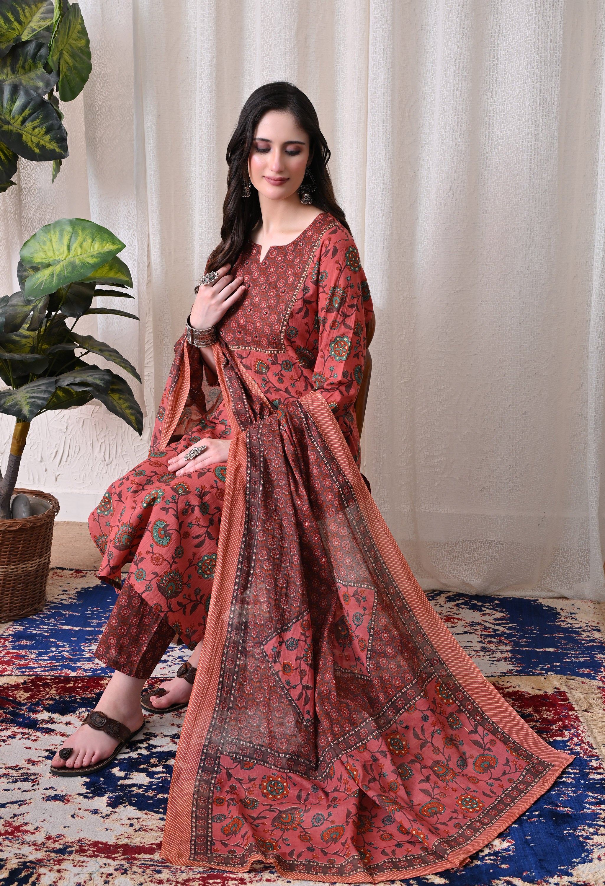 MEERA FAB Women Printed Regular Pure Cotton Straight Handwork Kurta with Palazzos & with Dupatta (Copy)