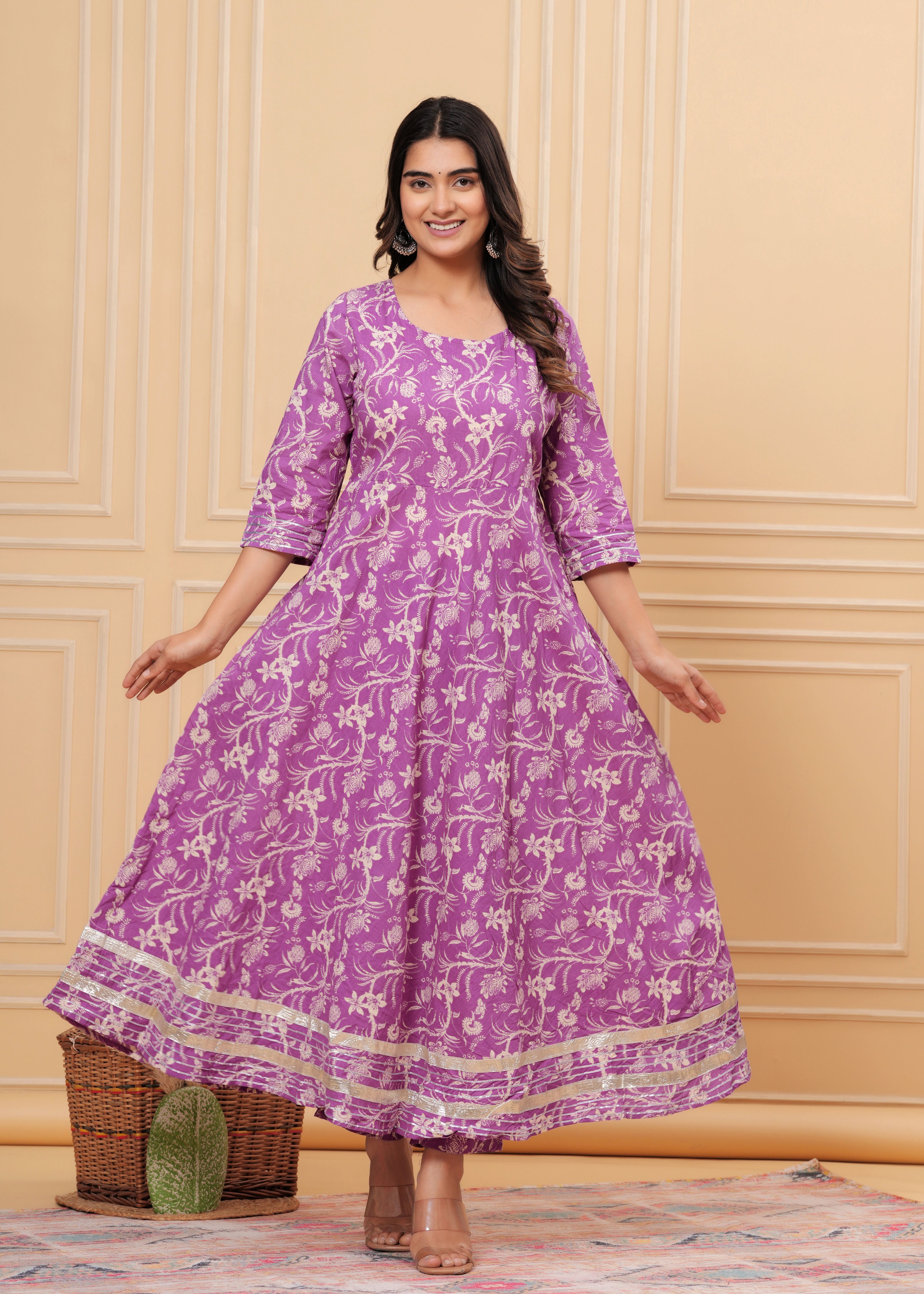 MEERA FAB Women's Cotton Printed Anarkali Kurta with Palazzo & Dupatta Set with Dori