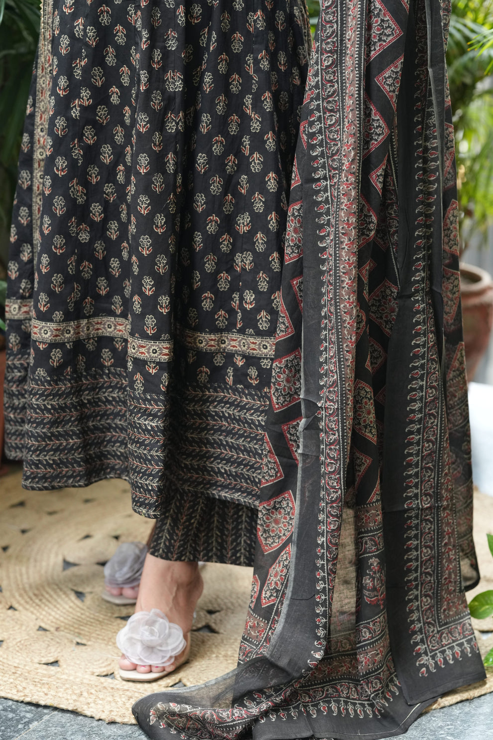 MEERA FAB Women Black Printed Regular Pure Cotton Anarkali Kurta with Palazzos & with Dupatta
