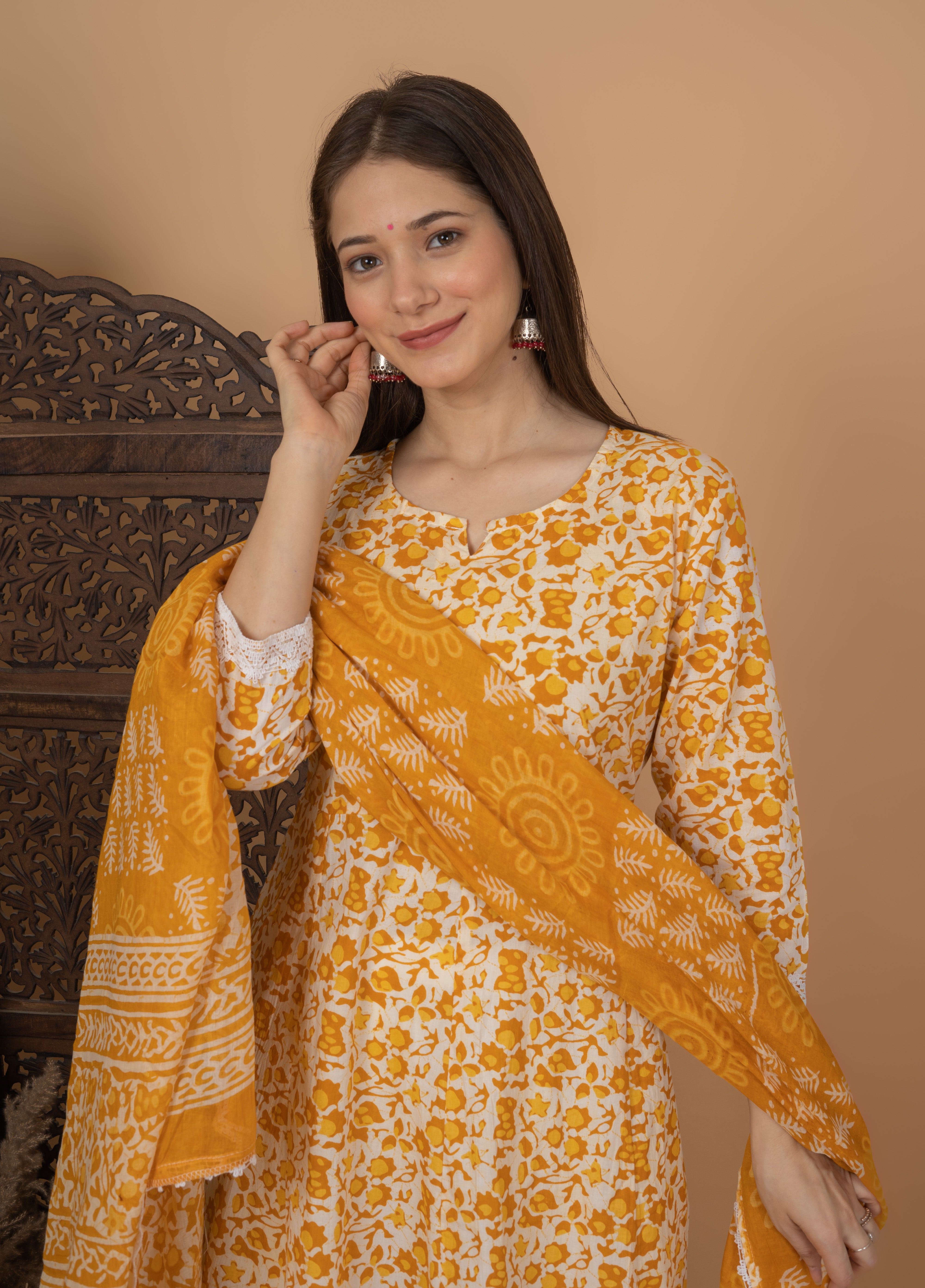 MEERA FAB Women's Cotton Printed Anarkali Kurta with Palazzo & Dupatta Set