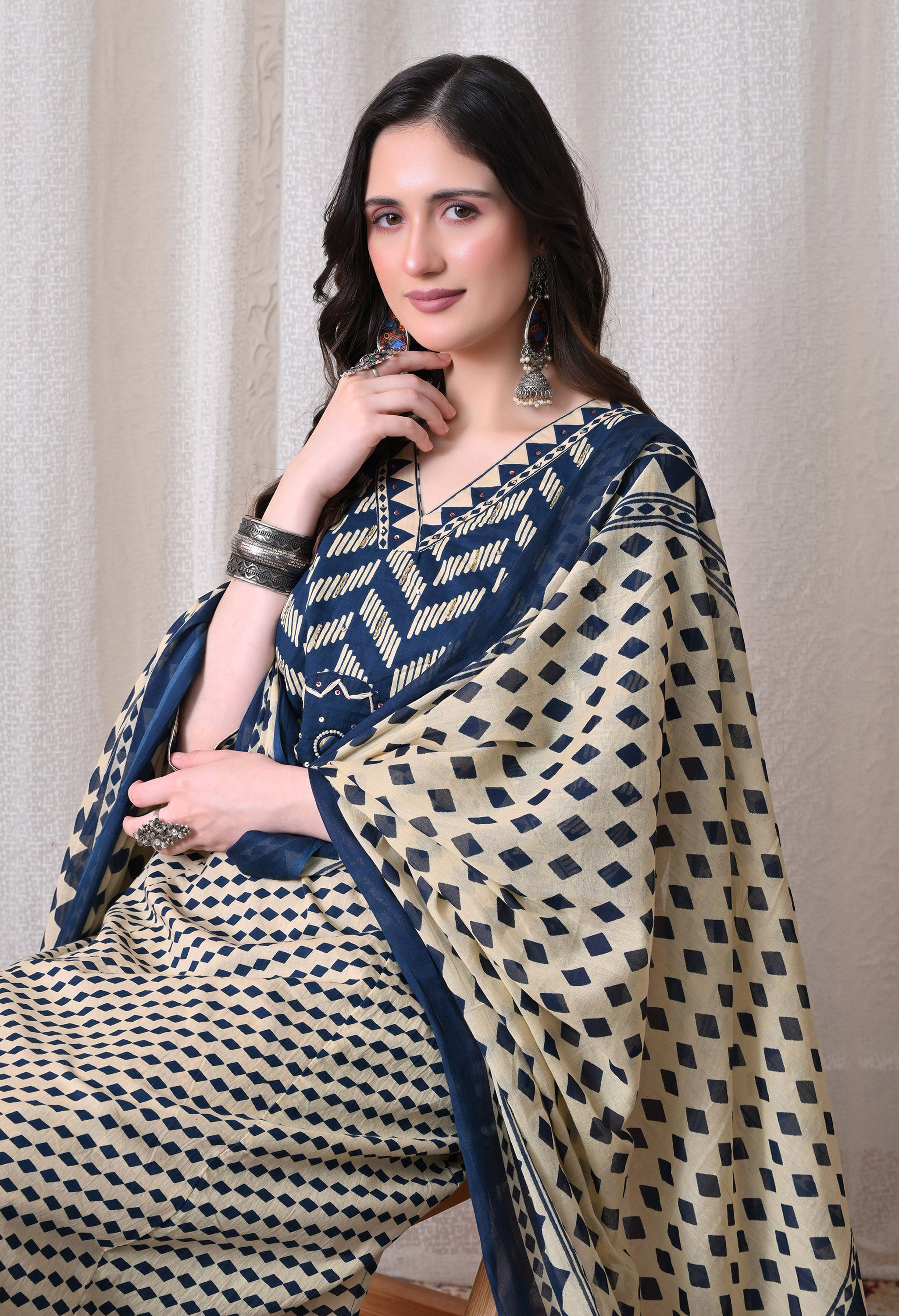 MEERA FAB Women Printed Regular Pure Cotton Straight Embroidery Kurta with Palazzos & with Dupatta
