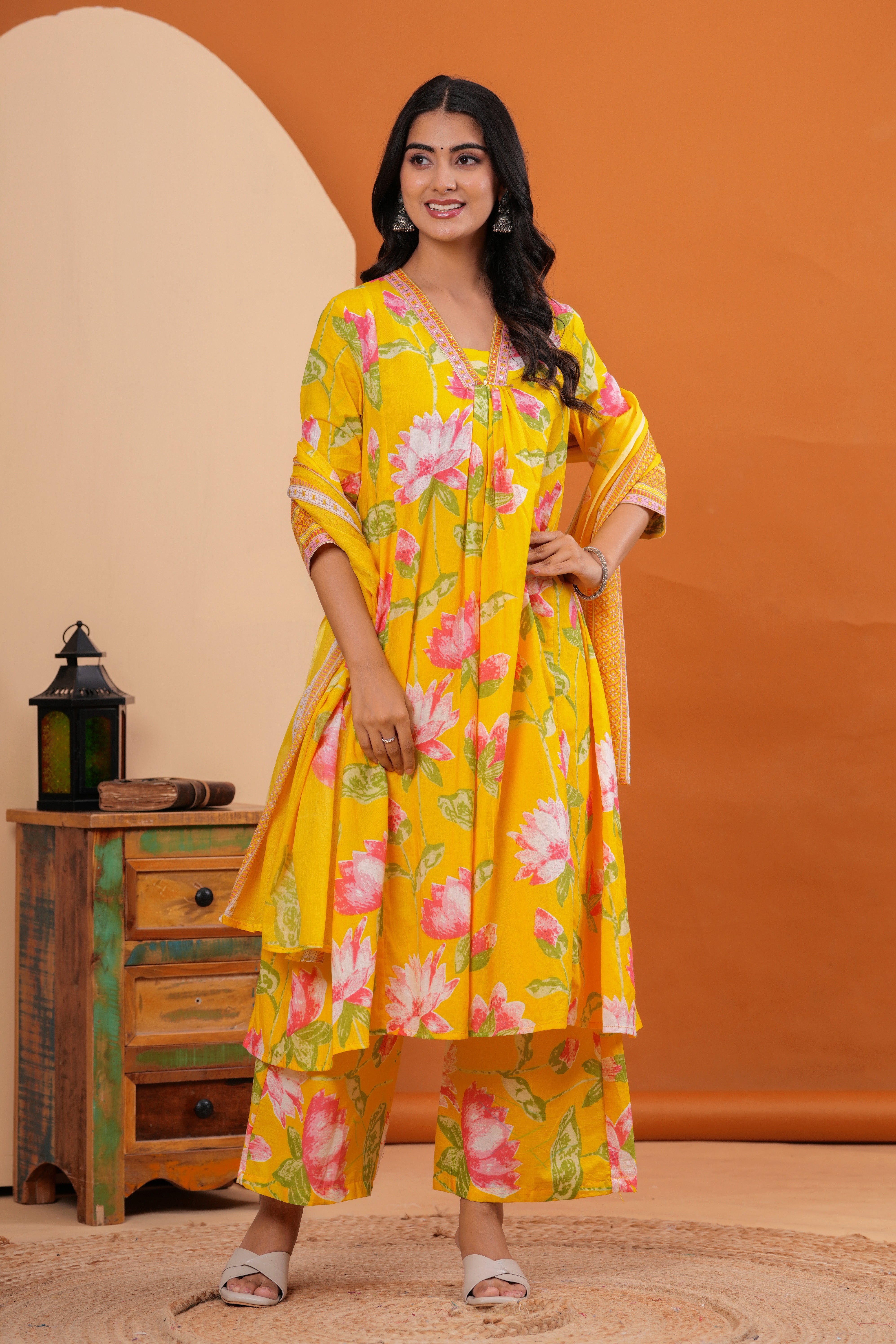 MEERA FAB Women's Pure Cotton Printed A-Line Kurta Set with Palazzo Pants & Dupatta