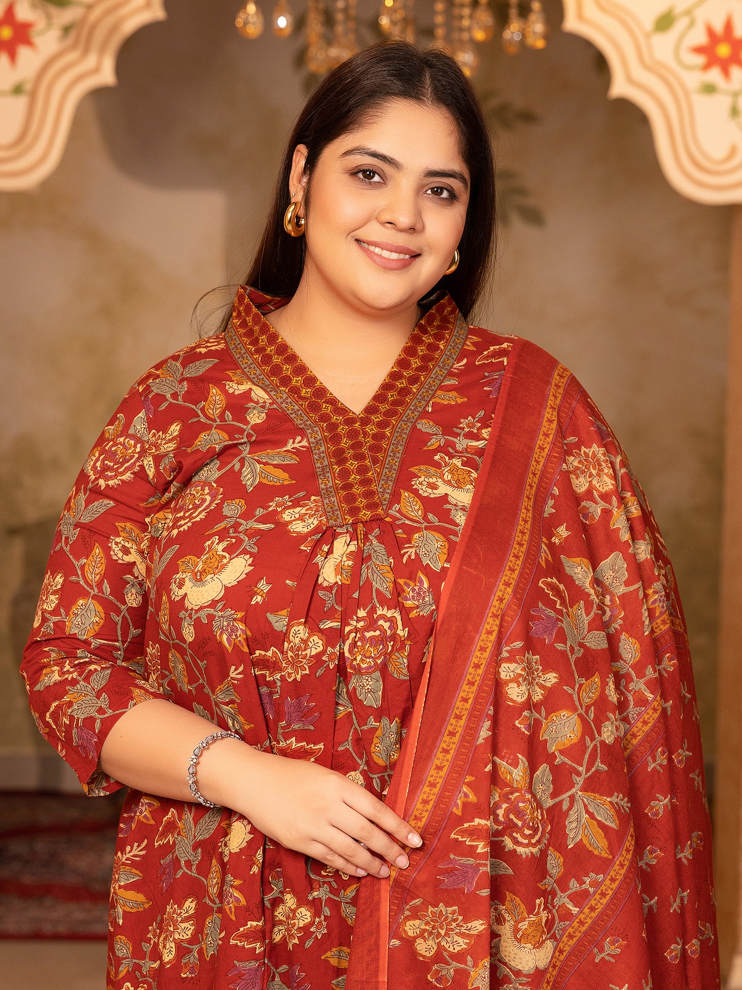 MEERA FAB Women's Cotton Blend V-Neck Plus Size Kurta Printed Kurta with Palazzo & Dupatta Set