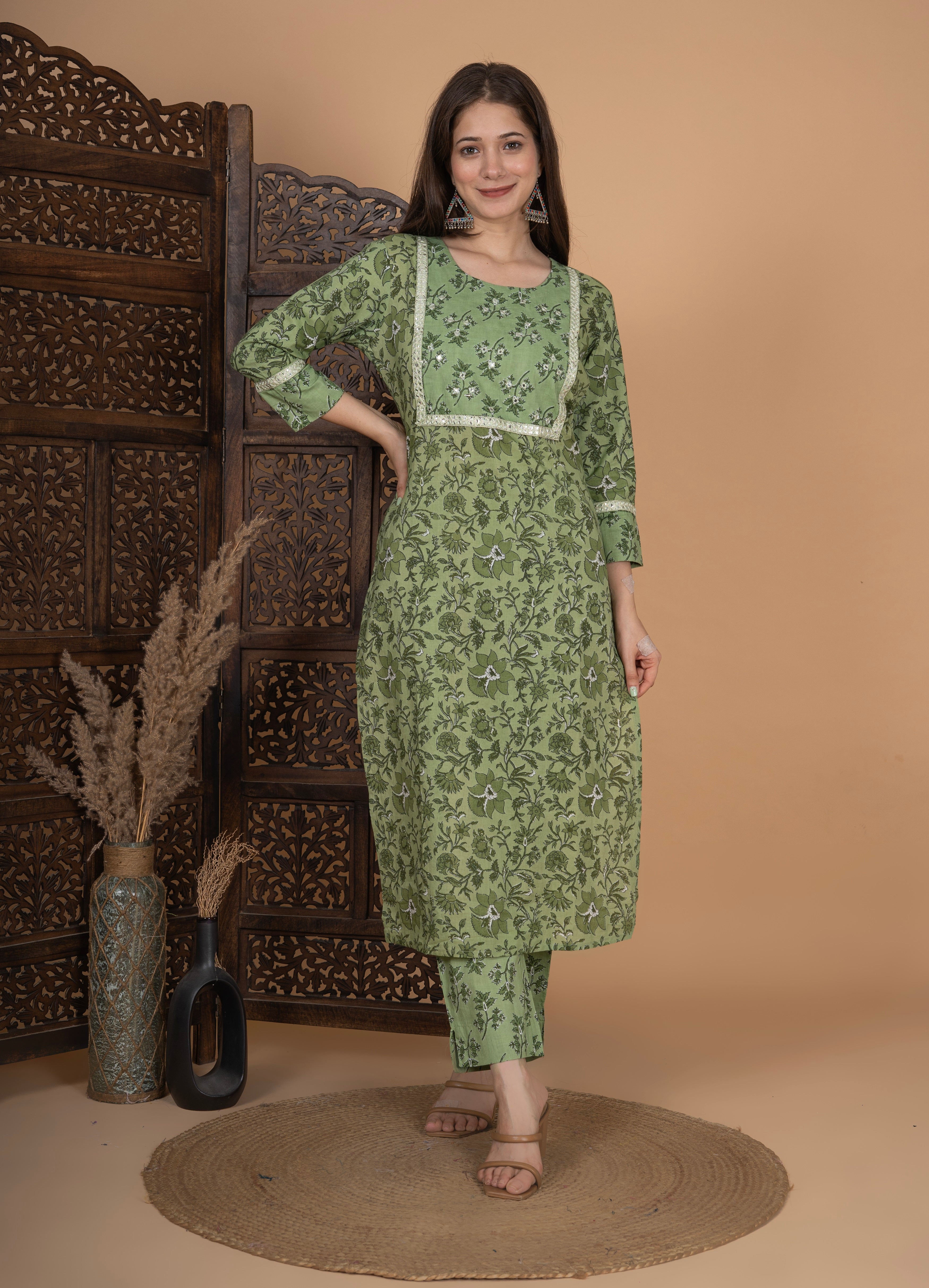 MEERA FAB Women's Cotton Printed Straight Kurta with Palazzo & Dupatta Set with Yoke