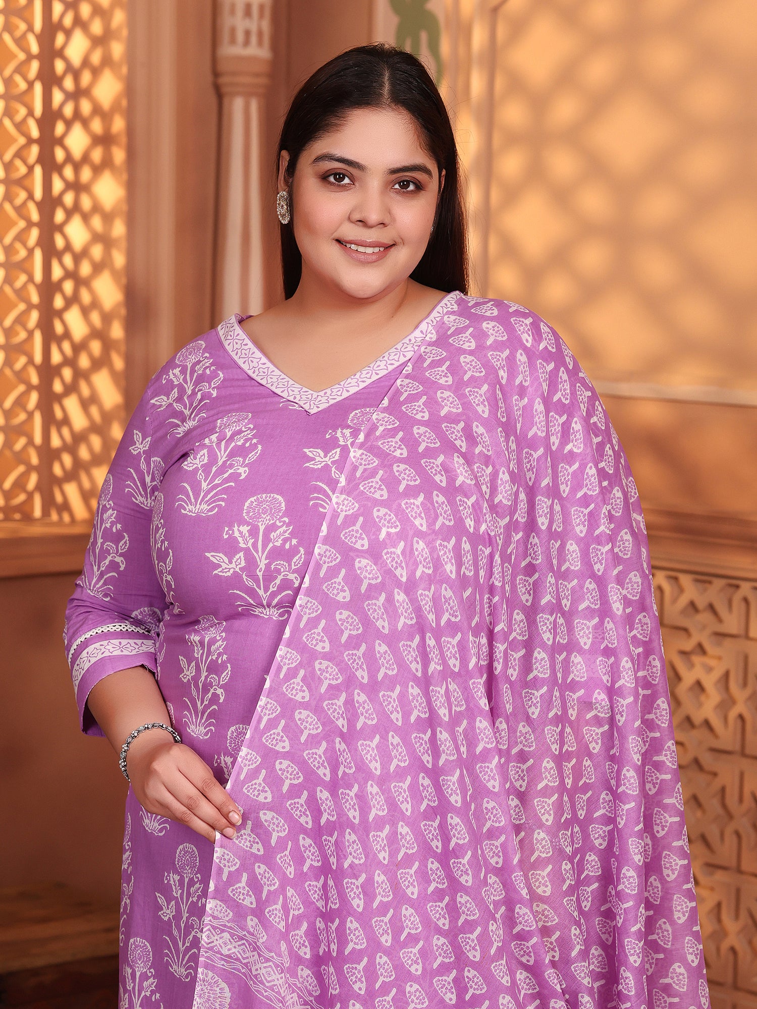 MEERA FAB Plus Size Women's Cotton Blend Straight Printed Kurta with Palazzo & Dupatta