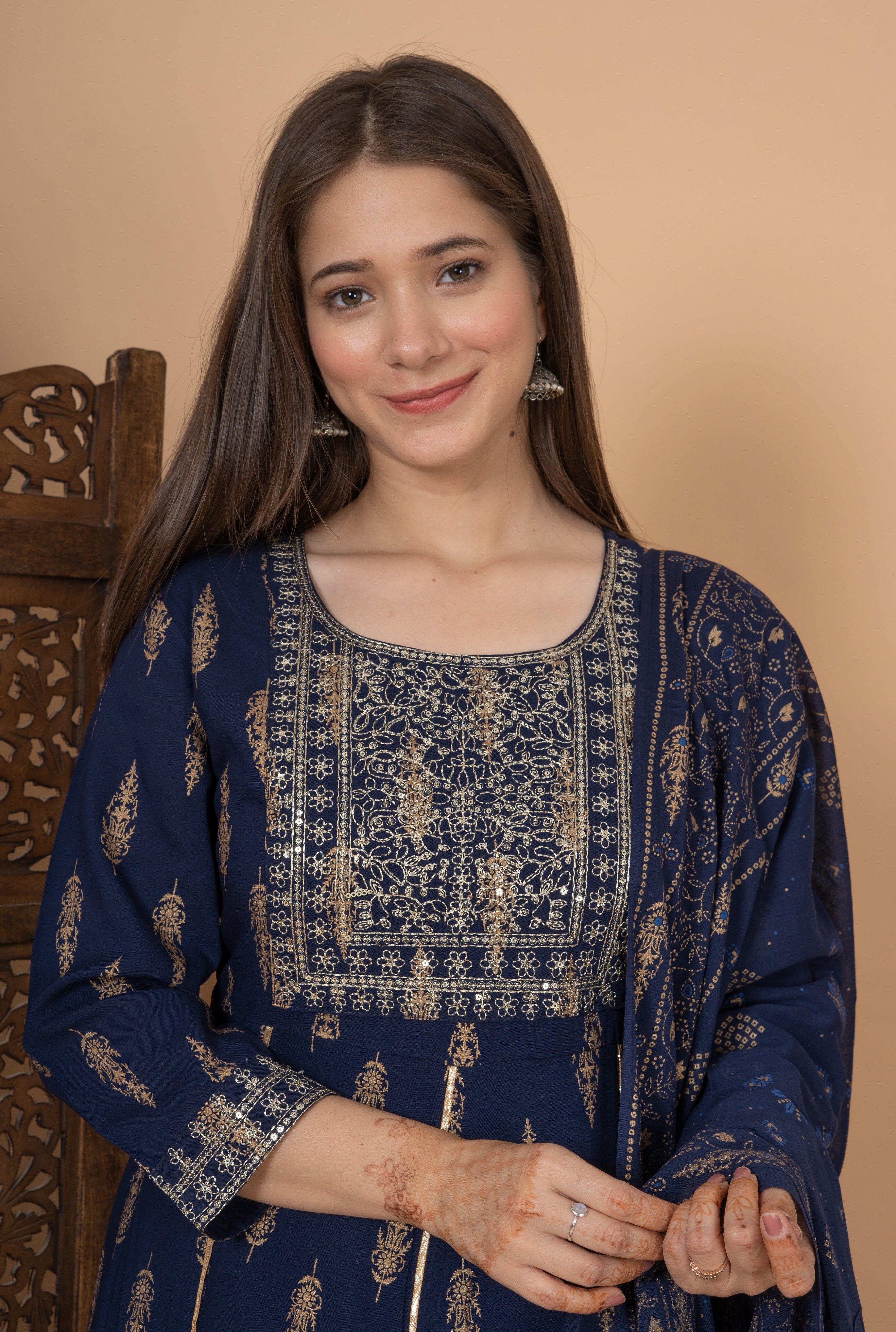 MEERA FAB Women's Rayon Printed Blue Anarkali Kurta with Palazzo & Dupatta Set