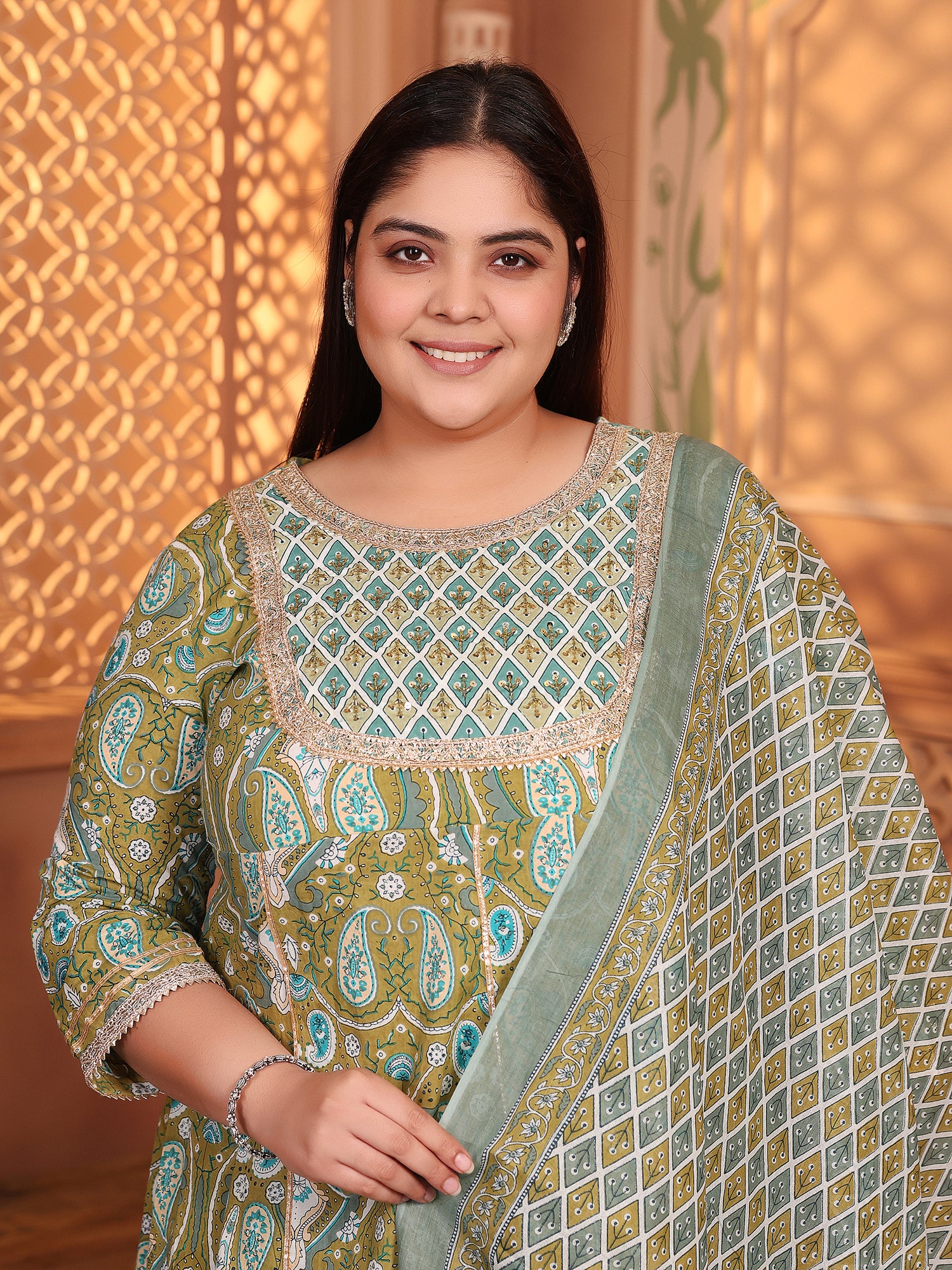 MEERA FAB Plus Size Printed Pure Cotton Anarkali Handwork Kurta with Palazzos & Dupatta