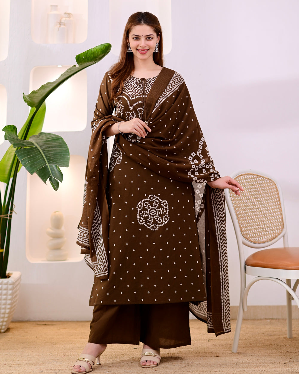 MEERA FAB Women's Pure Bandhej Cotton Straight Kurta Set with Palazzo Pants & Dupatta|Ethnic wear|Kurti Suit Set for Women