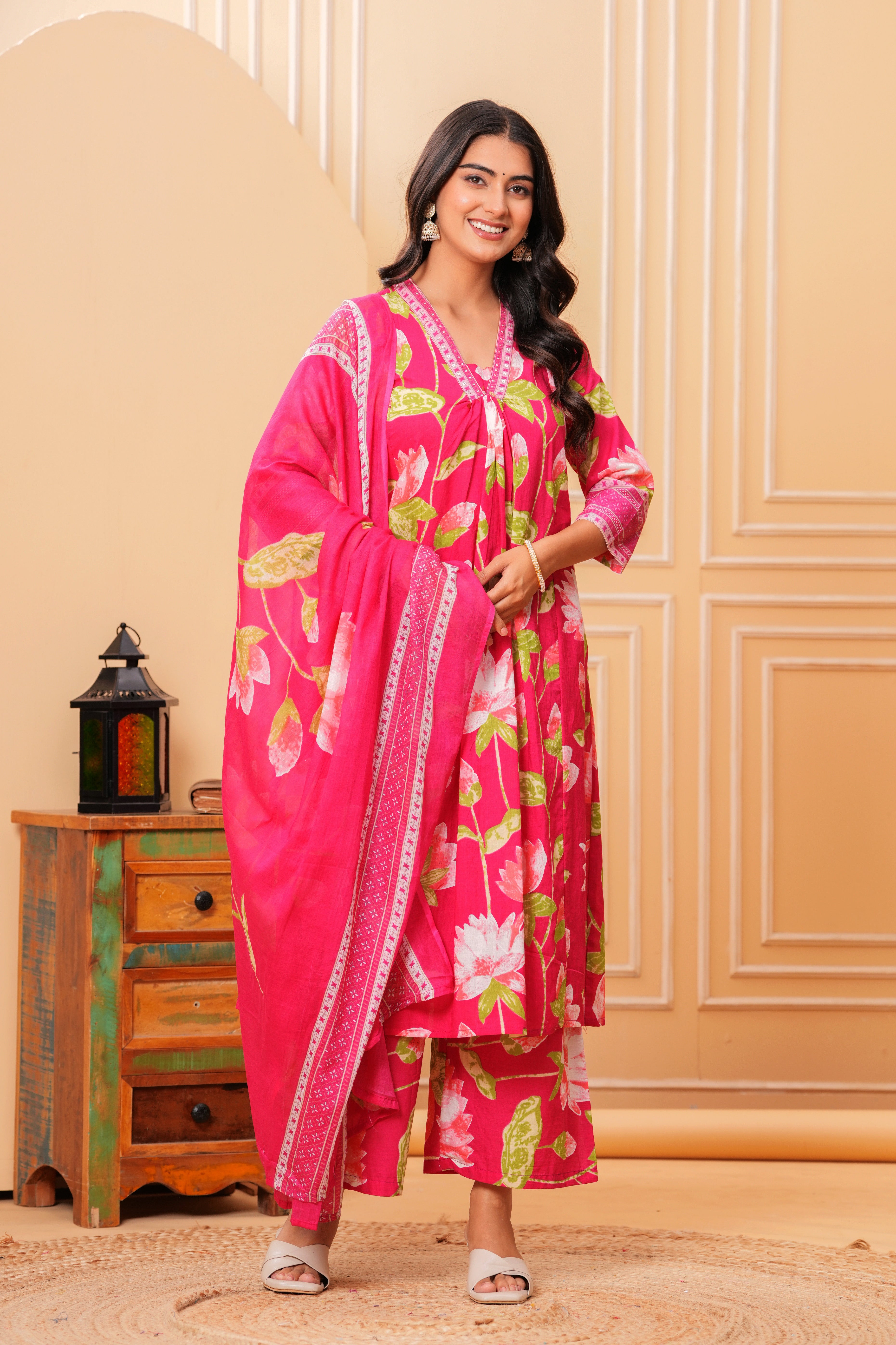 MEERA FAB Women's Pure Cotton Printed A-Line Kurta Set with Palazzo Pants & Dupatta