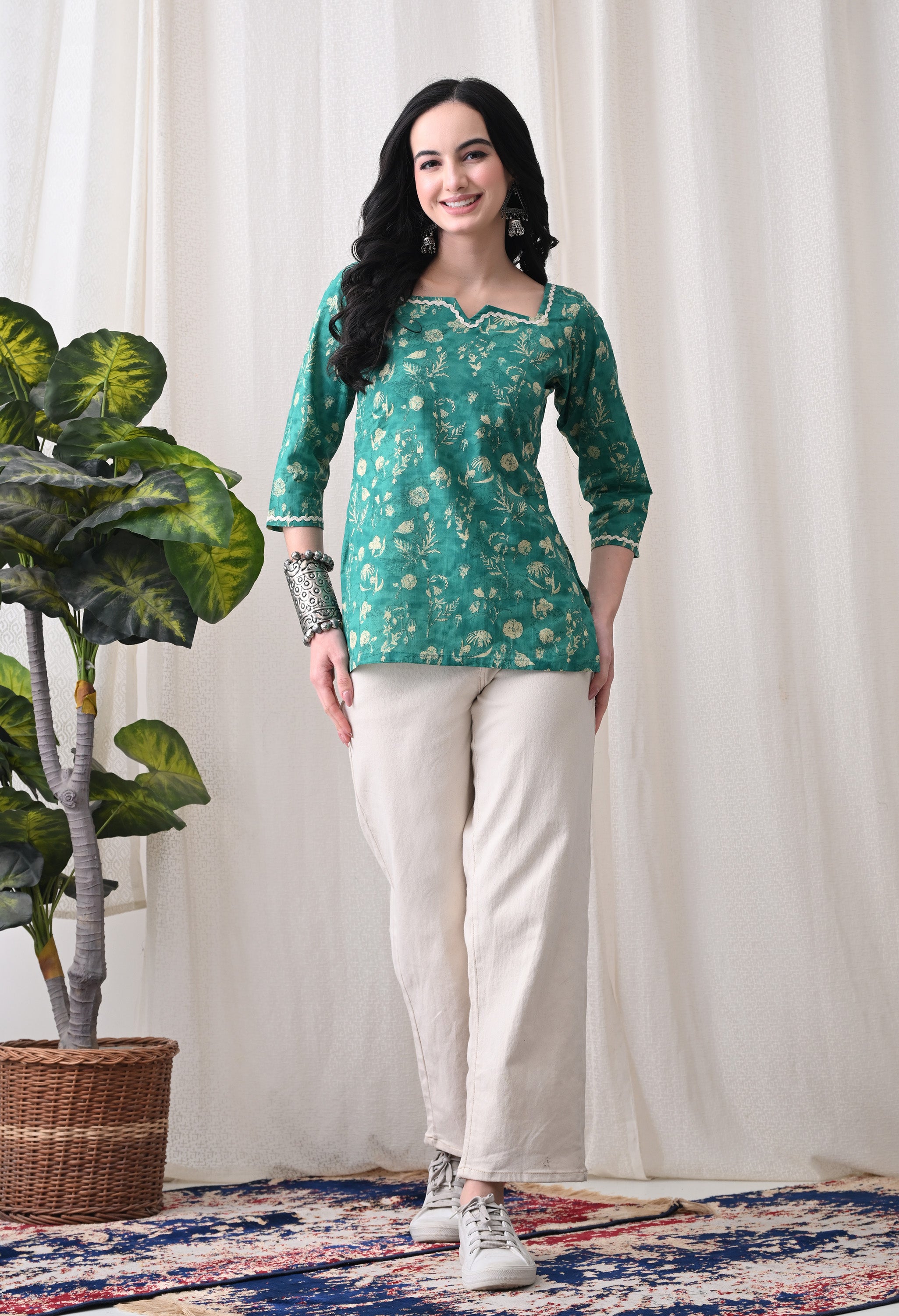 MEERA FAB Women Cotton Printed A-Line Tunic Top with Square Neck | Floral Printed Top with 3/4 Sleeves | Short Kurti for Women