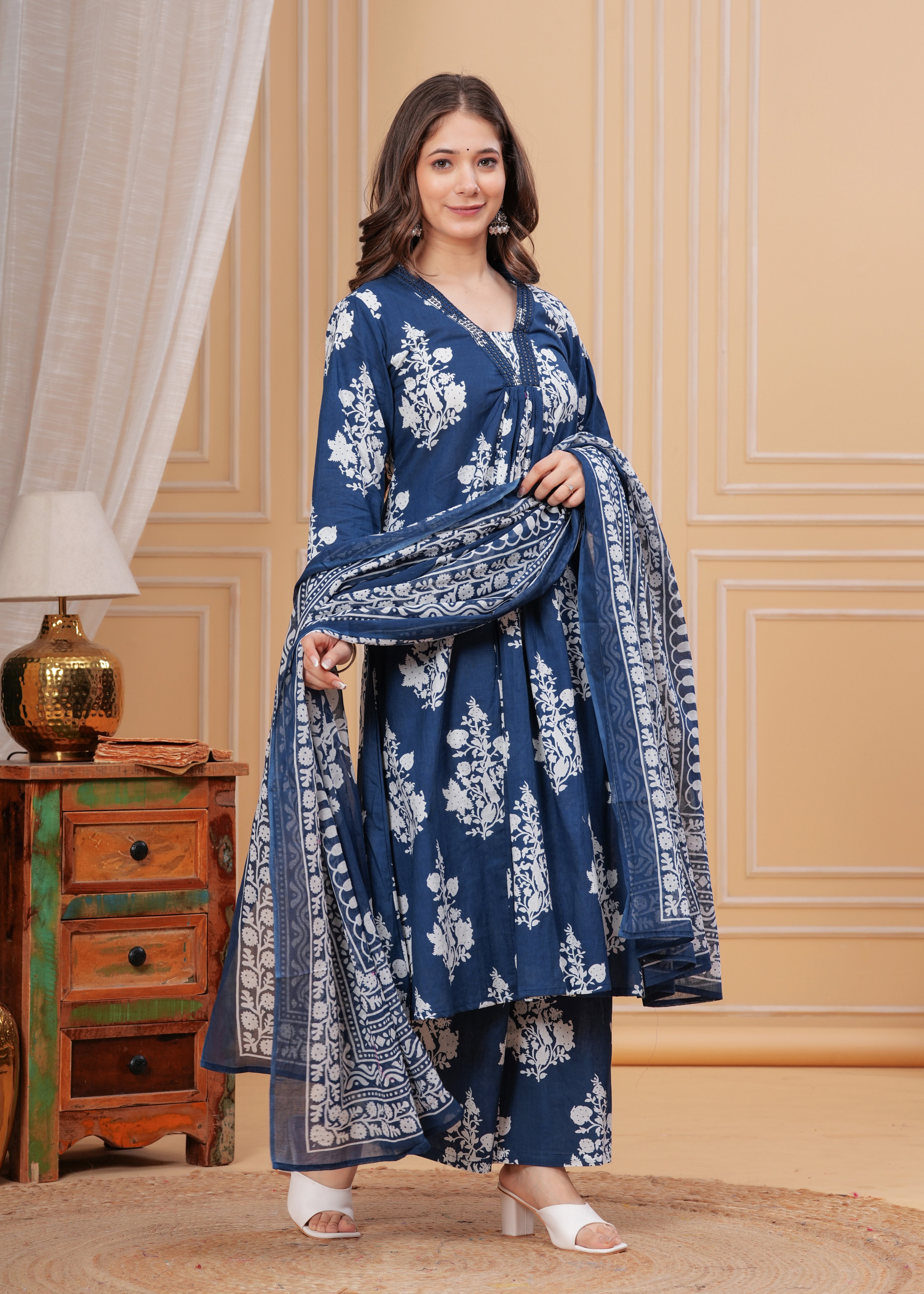 MEERA FAB Women's Cotton Blend V-Neck Anarkali Embrodriery Kurta with Palazzo & Dupatta