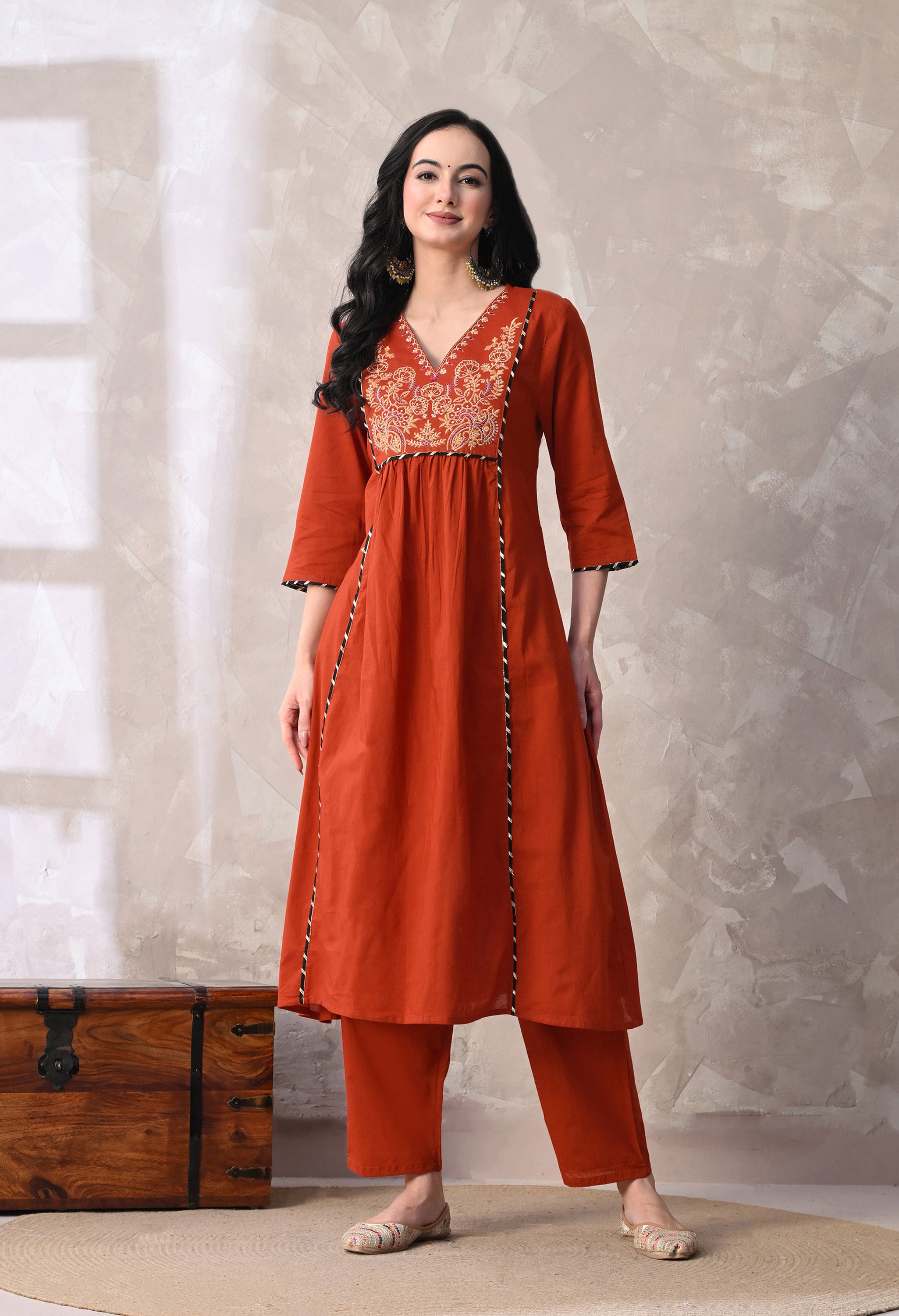 MEERA FAB Women's Cotton Anarkali Kurta with Palazzo and Dupatta, Embroidered Yoke, 3-Piece Set