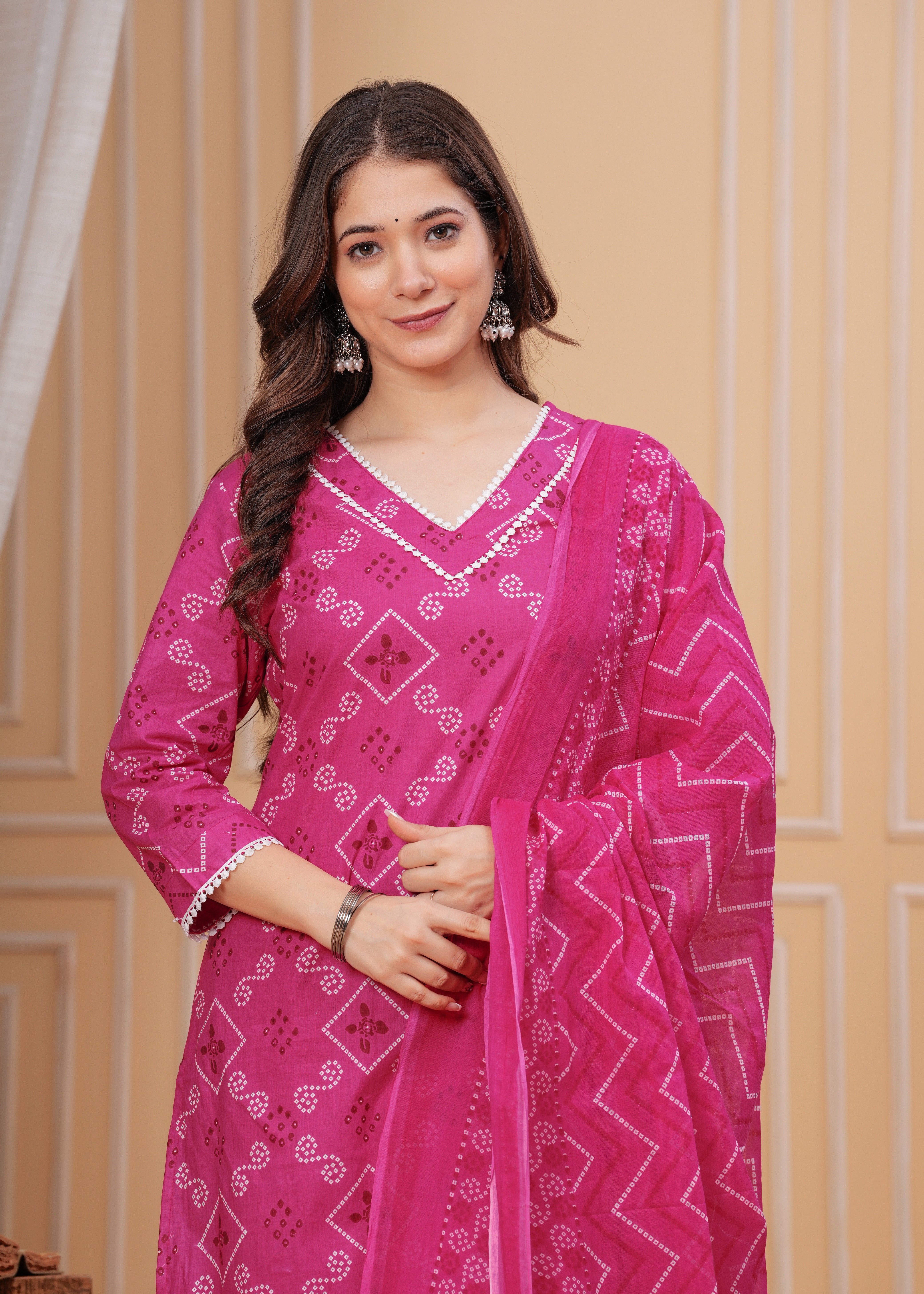 MEERA FAB Women's Pure Cotton Bandhani Printed Kurta with Palazzo & Dupatta