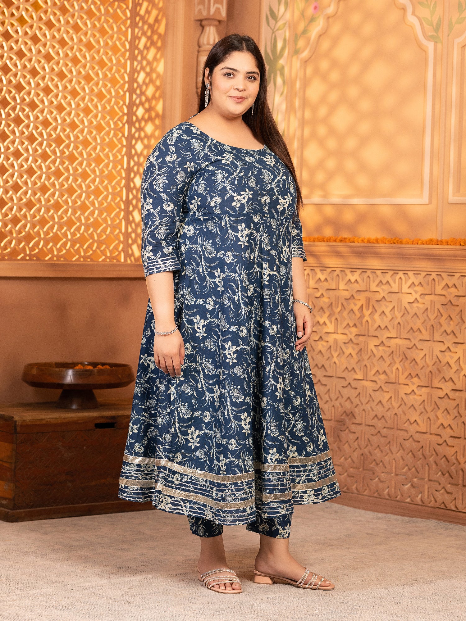 MEERA FAB Plus Size Women's Cotton Printed Anarkali Kurta with Palazzo & Dupatta Set with Dori