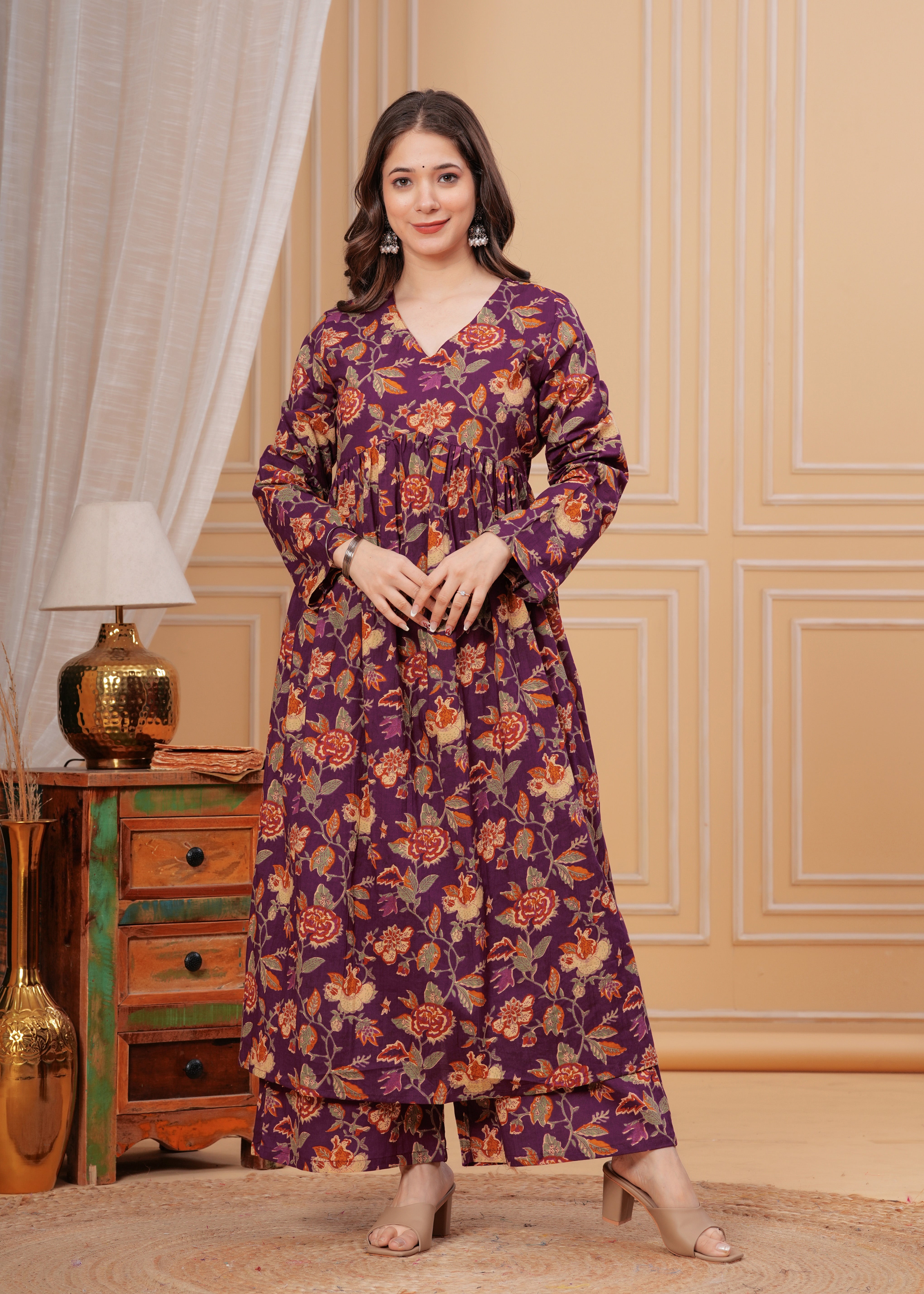 MEERA FAB Women's Cotton Blend V-Neck Anarkali Printed Kurta with Palazzo & Dupatta