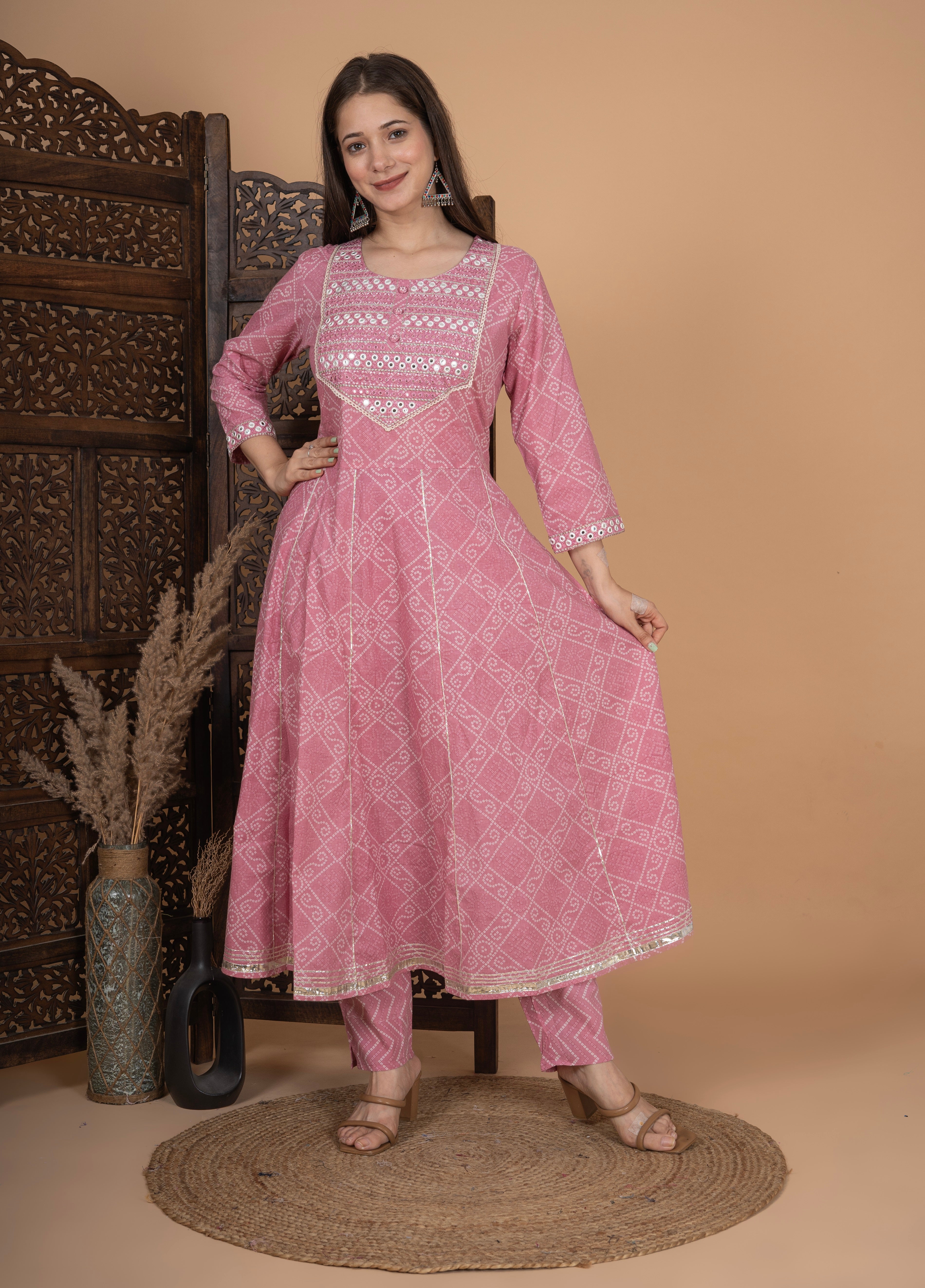 MEERA FAB Women's Cotton Printed Pink Anarkali Kurta with Palazzo & Dupatta Set