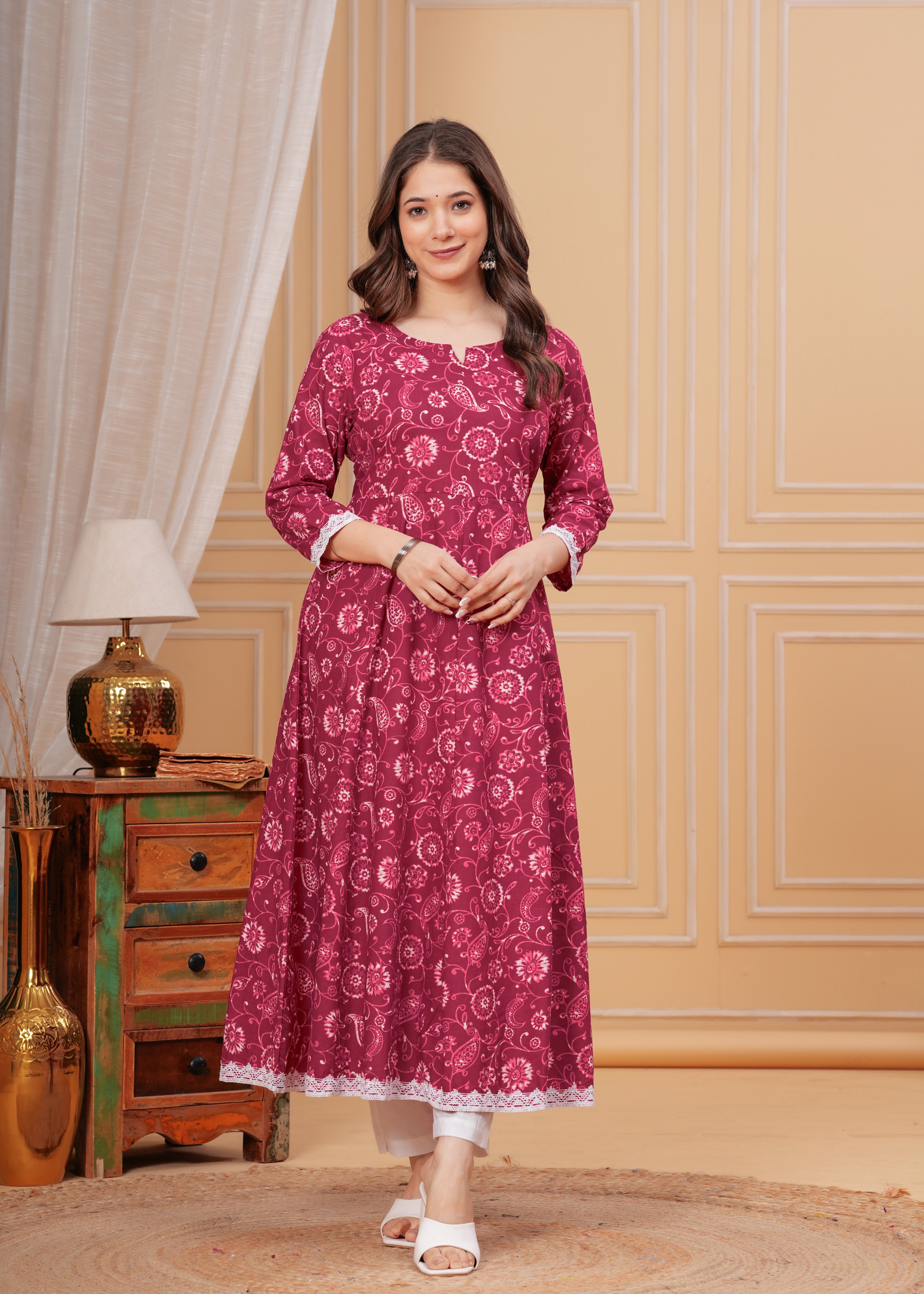 MEERA FAB Women's Cotton Printed Anarkali Kurta with Palazzo & Dupatta Set