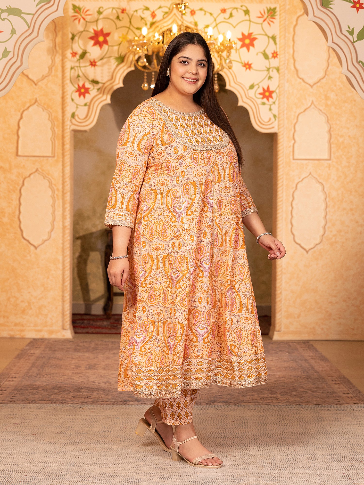 MEERA FAB Plus Size Printed Pure Cotton Anarkali Handwork Kurta with Palazzos & Dupatta