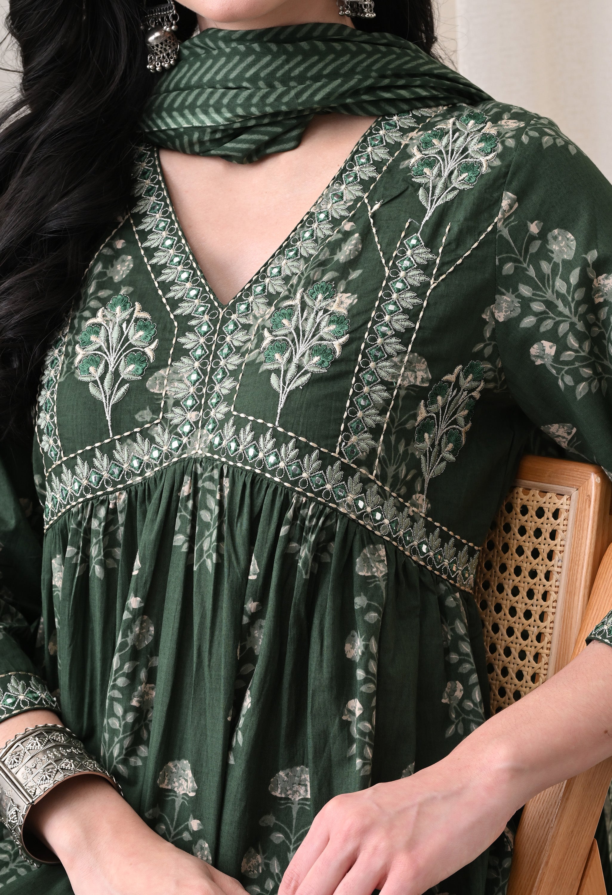 MEERA FAB Alia Cut Kurta Palazzo and Dupatta Set,Pure Cotton, with Embroidery, Block Print