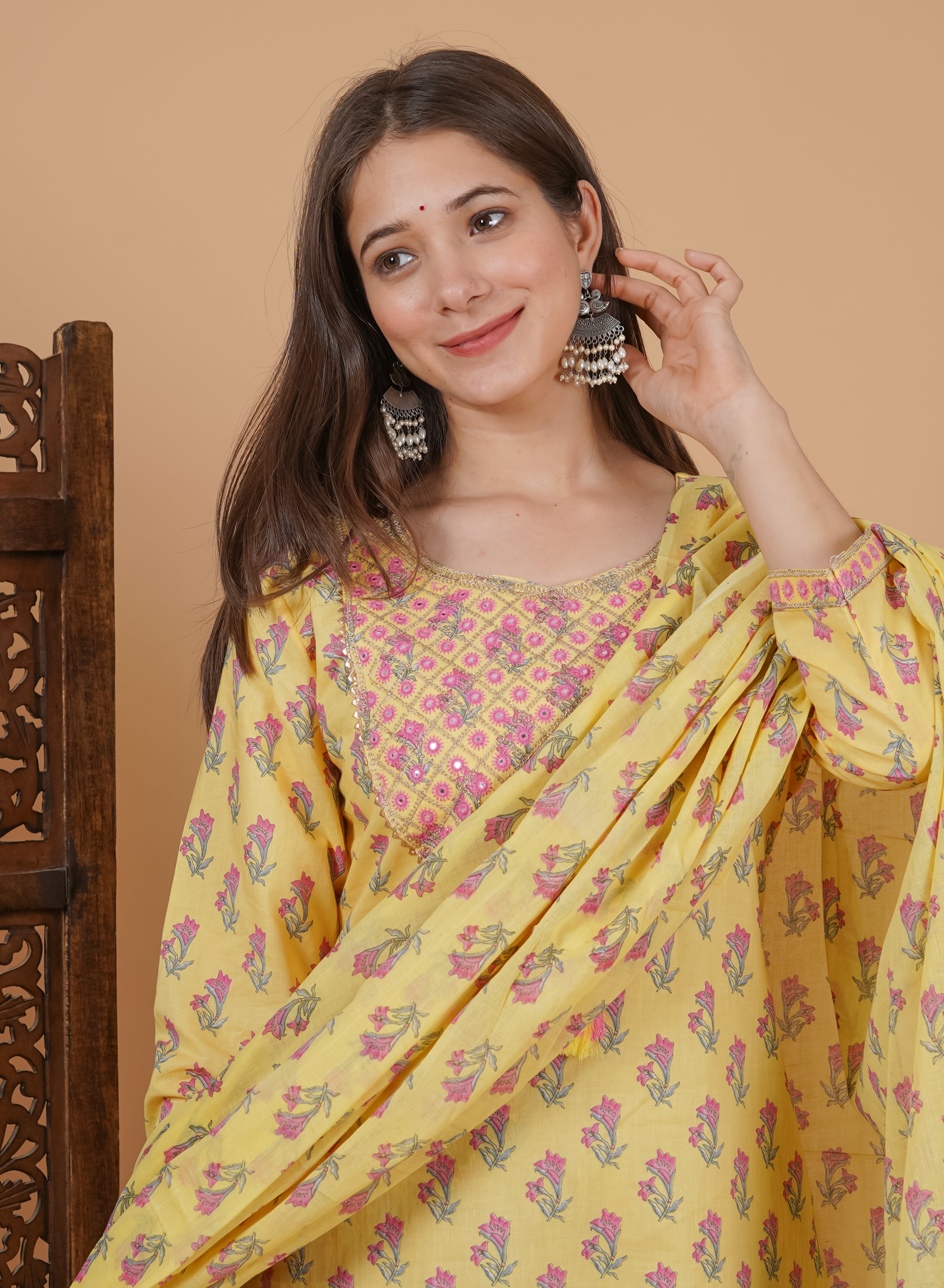 MEERA FAB Women's Cotton Printed Straight Embroidery Kurta with Palazzo & Dupatta Set