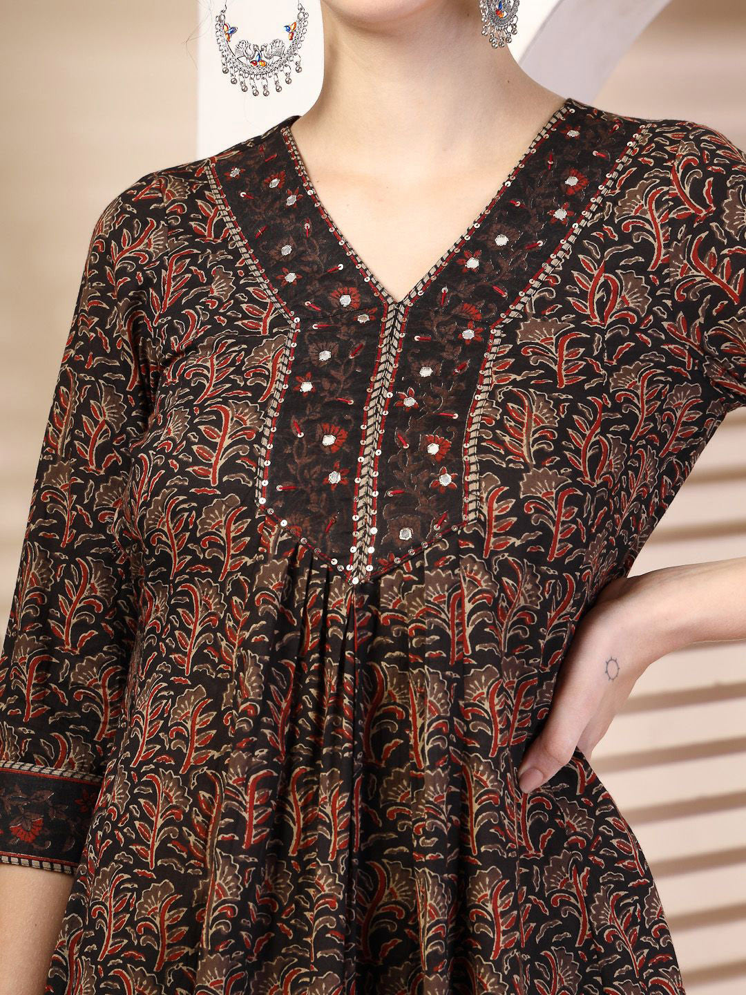 MEERA FAB Floral Printed Sequined Cotton Anarkali Kurta With Palazzos & Dupatta | Sanganeri Print