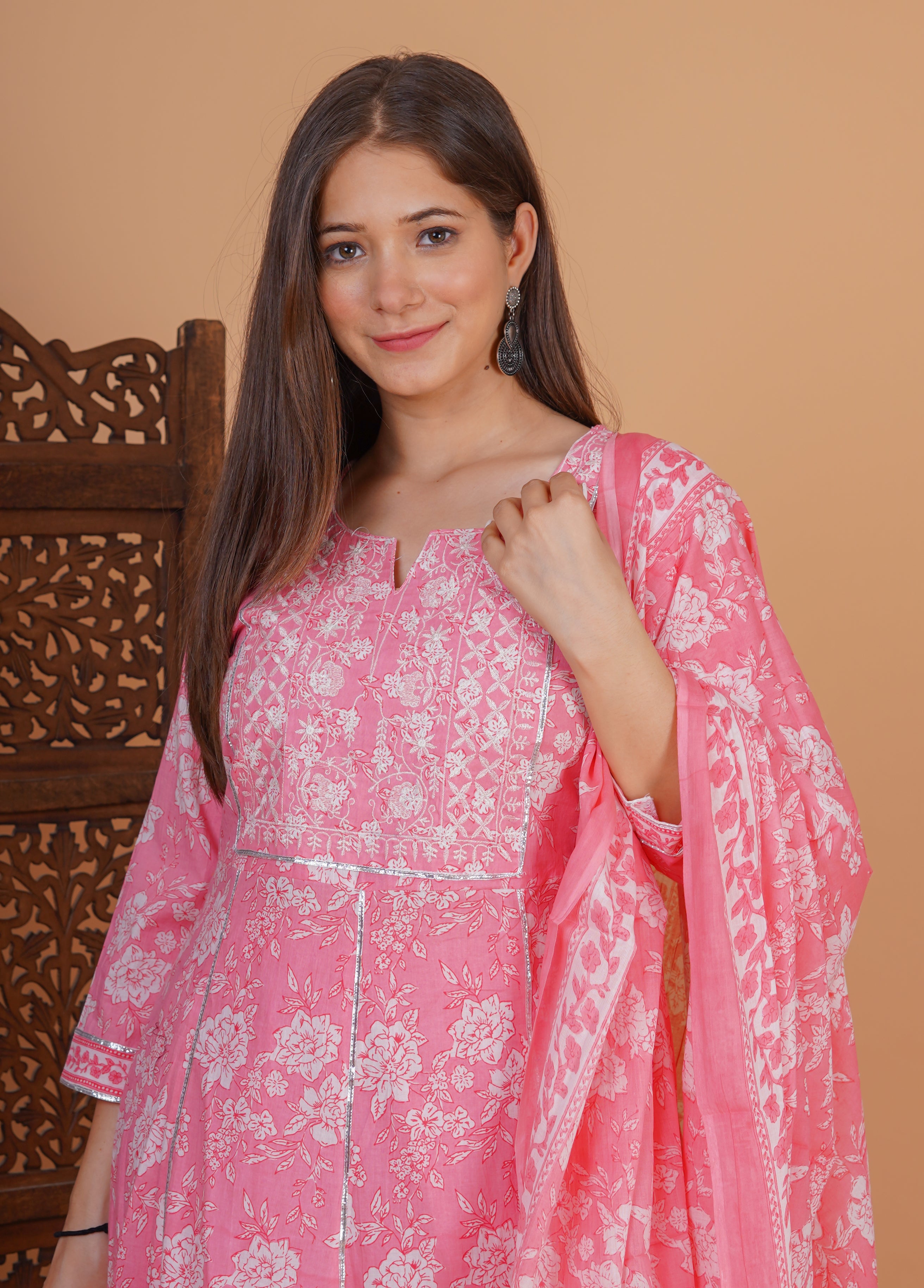 MEERA FAB Women's Cotton Printed Embrodriery Anarkali Kurta With Palazzo & Dupatta Set