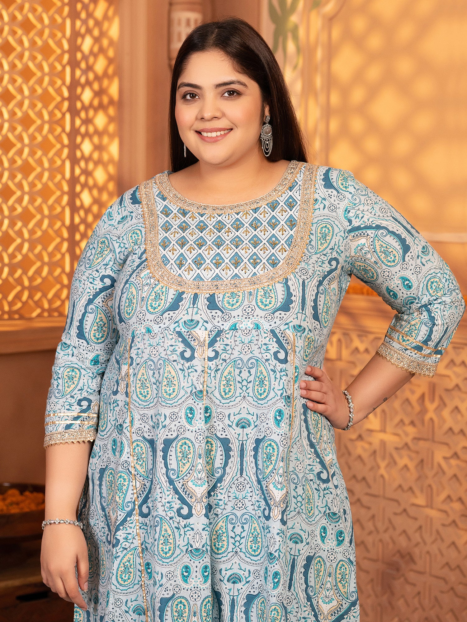 MEERA FAB Women's Pure Cotton Printed Anarkali Handwork Kurta with Palazzos & Dupatta