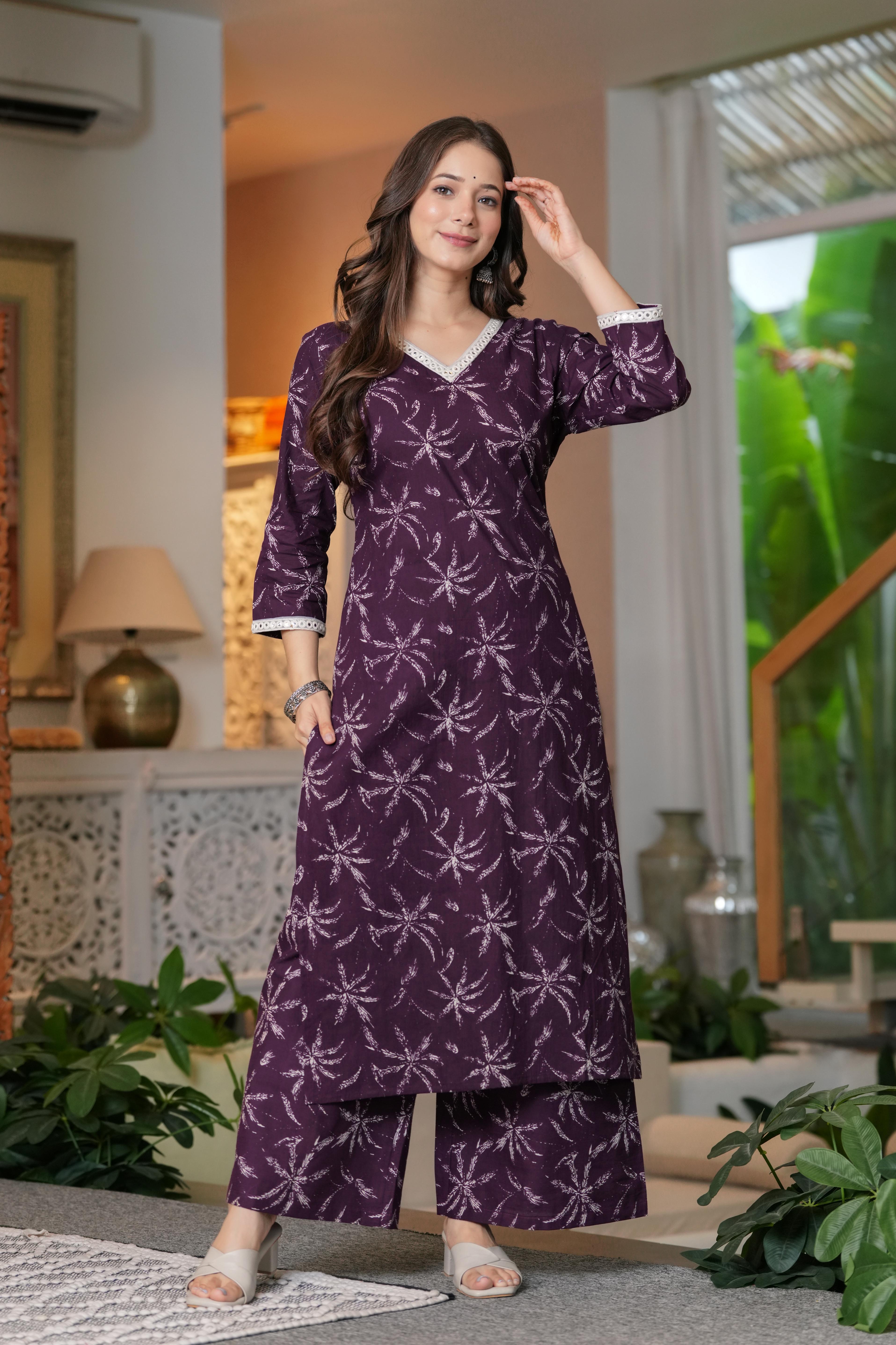 MEERA FAB Women Cotton Printed V-Neck Lace Kurta Palazzo Set