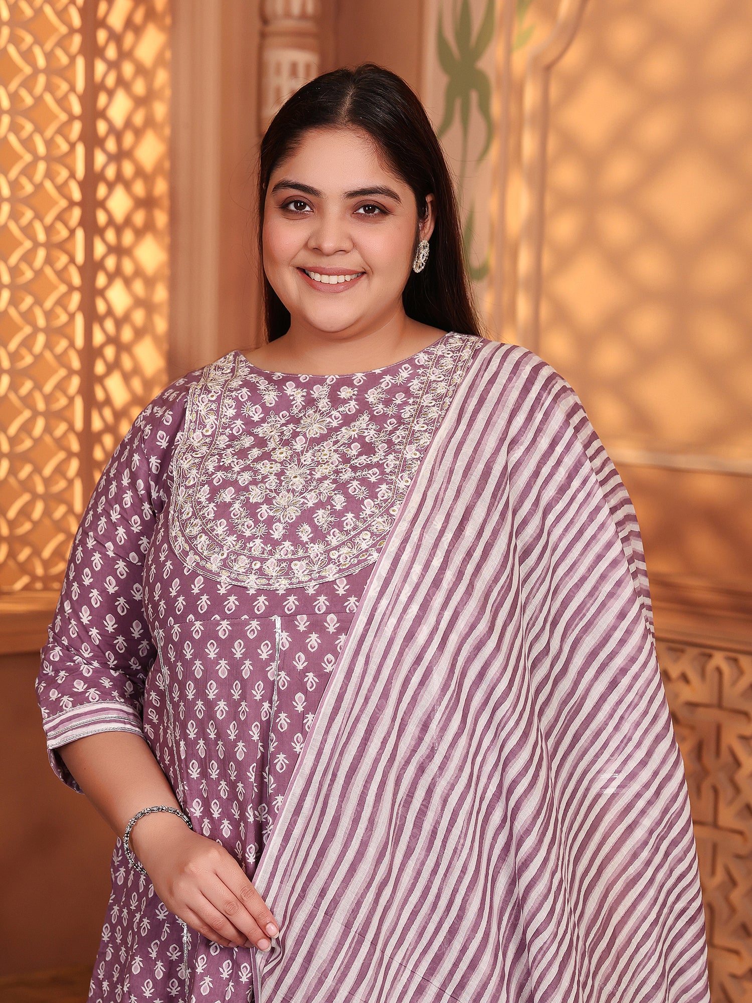 MEERA FAB Women's Pure Cotton Printed Anarkali Handwork Kurta with Palazzos & Dupatta