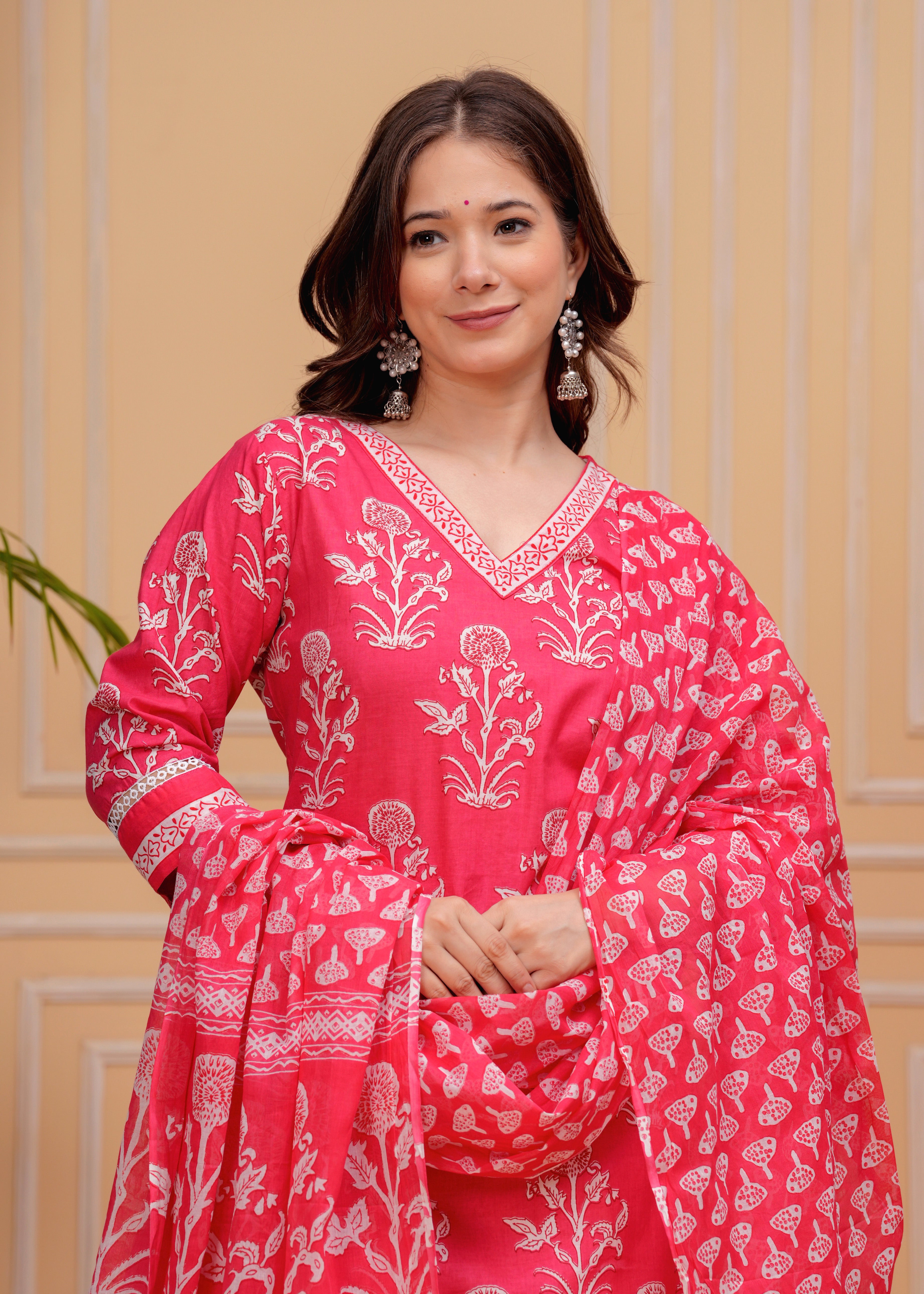 MEERA FAB Women's Cotton Blend Straight Printed Kurta with Palazzo & Dupatta