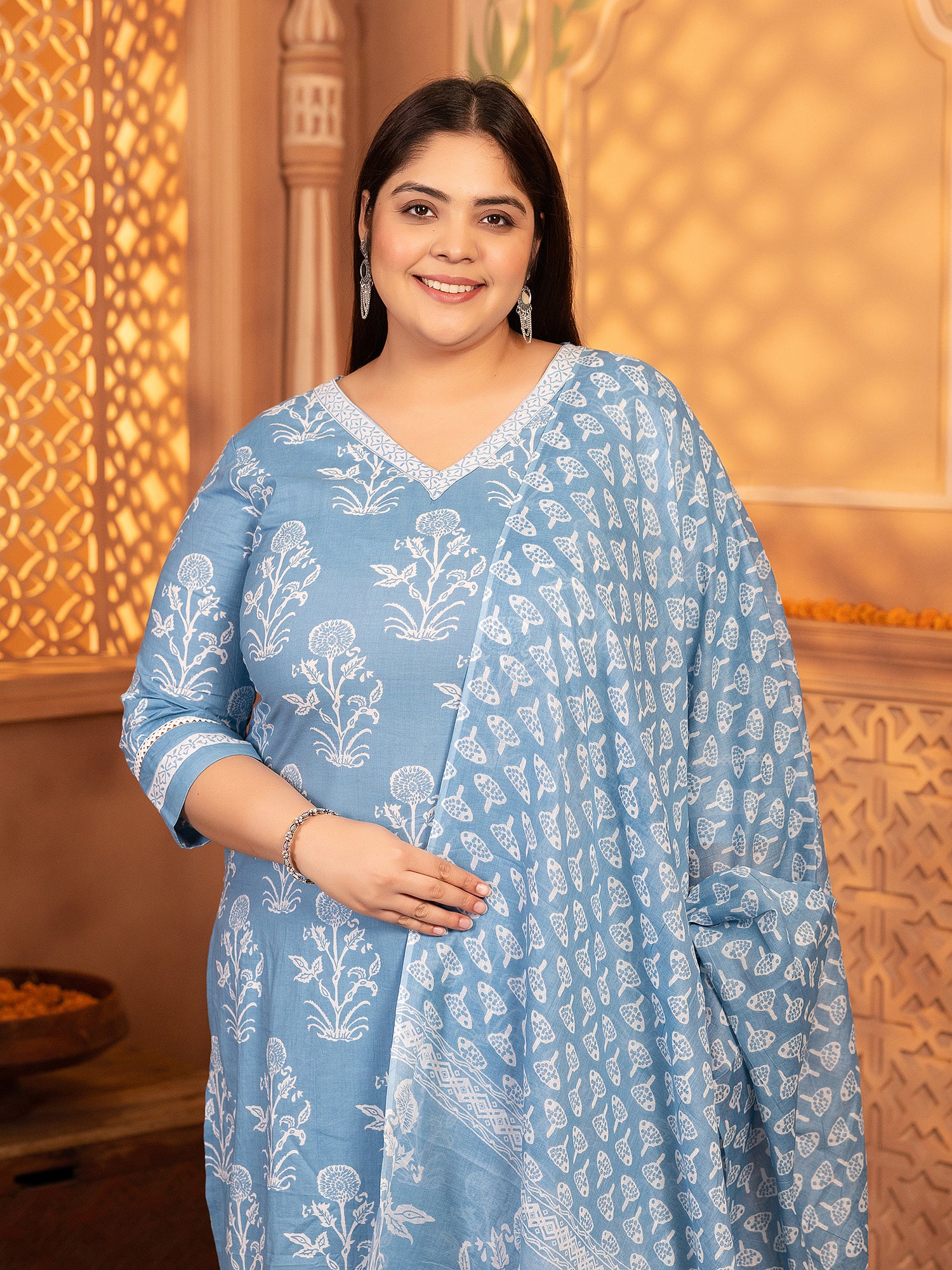 MEERA FAB Plus Size Women's Cotton Blend Straight Printed Kurta with Palazzo & Dupatta