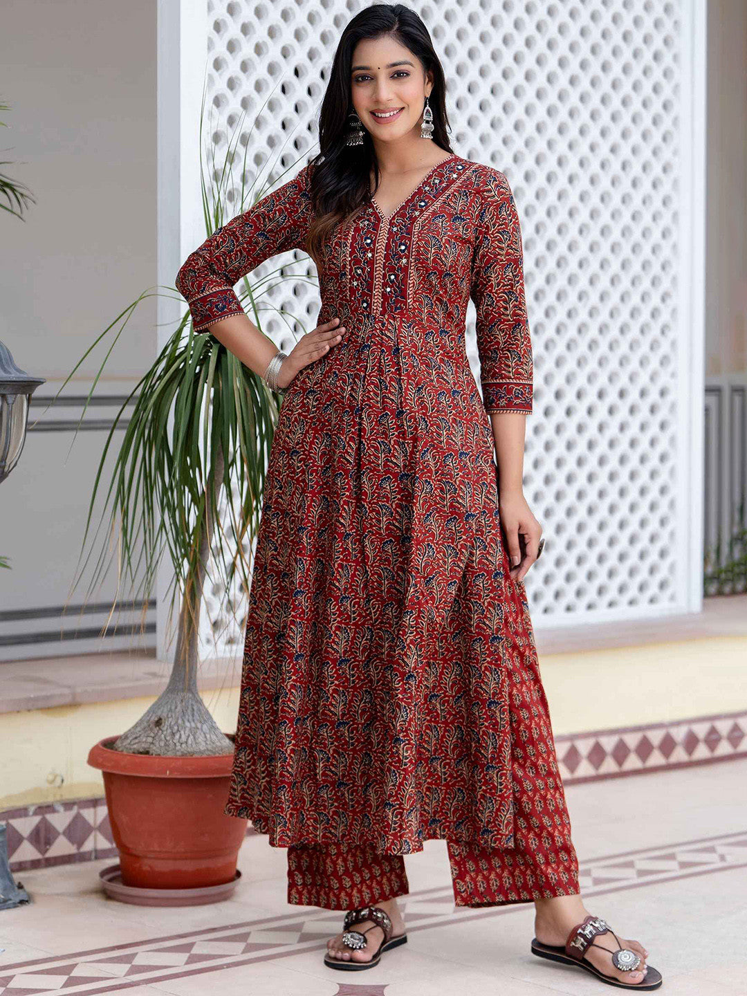MEERA FAB Floral Printed Sequined Cotton Anarkali Kurta With Palazzos & Dupatta | Sanganeri Print