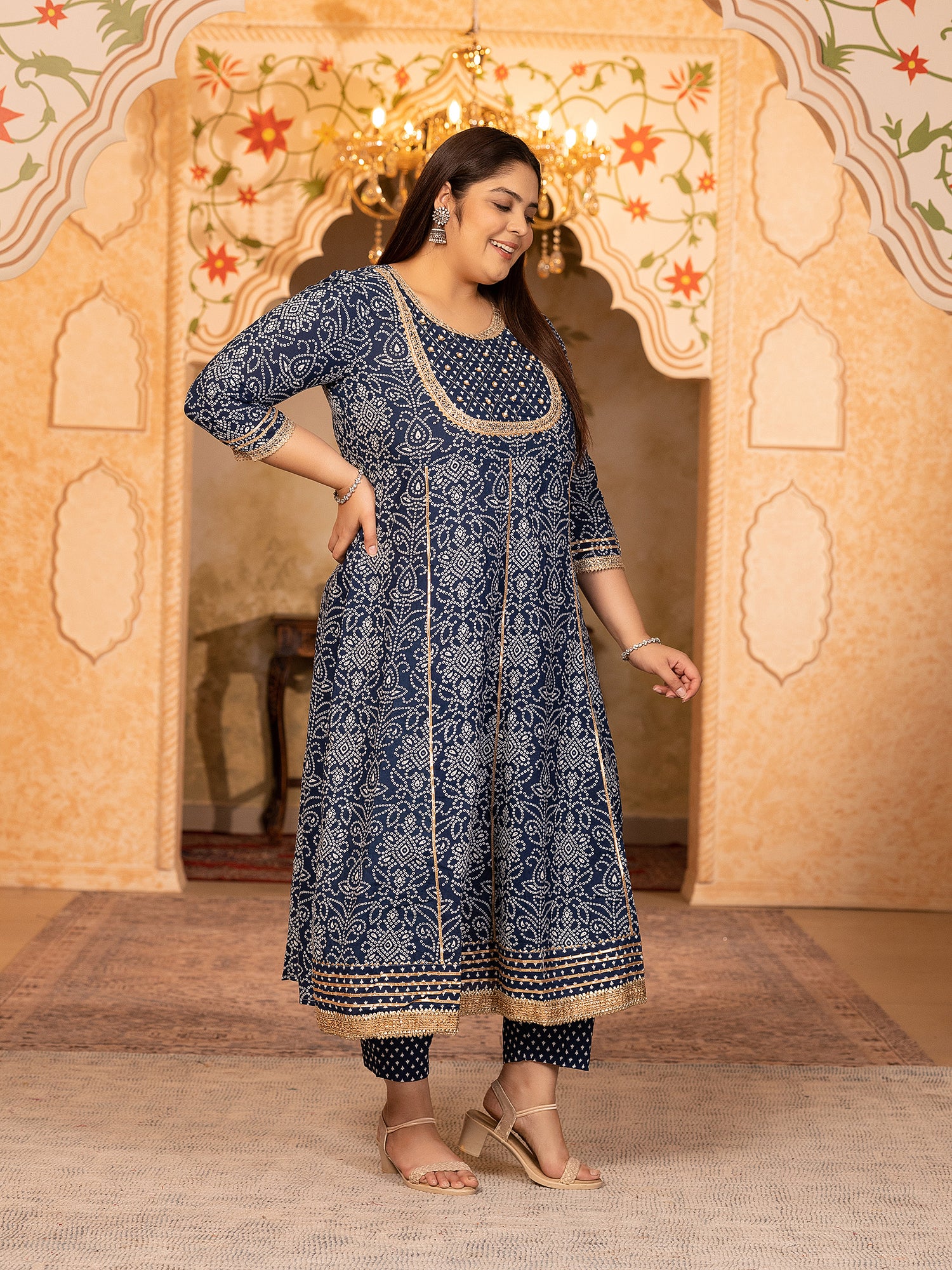 MEERA FAB Plus Size Printed Pure Cotton Anarkali Handwork Kurta with Palazzos & Dupatta