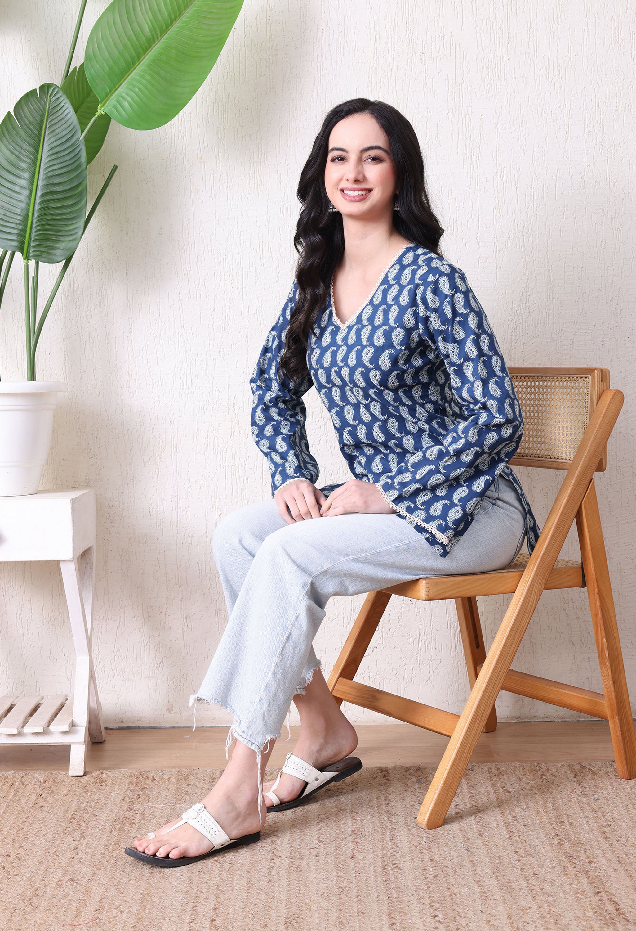 MEERA FAB Women's Floral Printed Cotton Short Top | Sanganeri Printed Top Full Sleeves | Short Kurti for Women