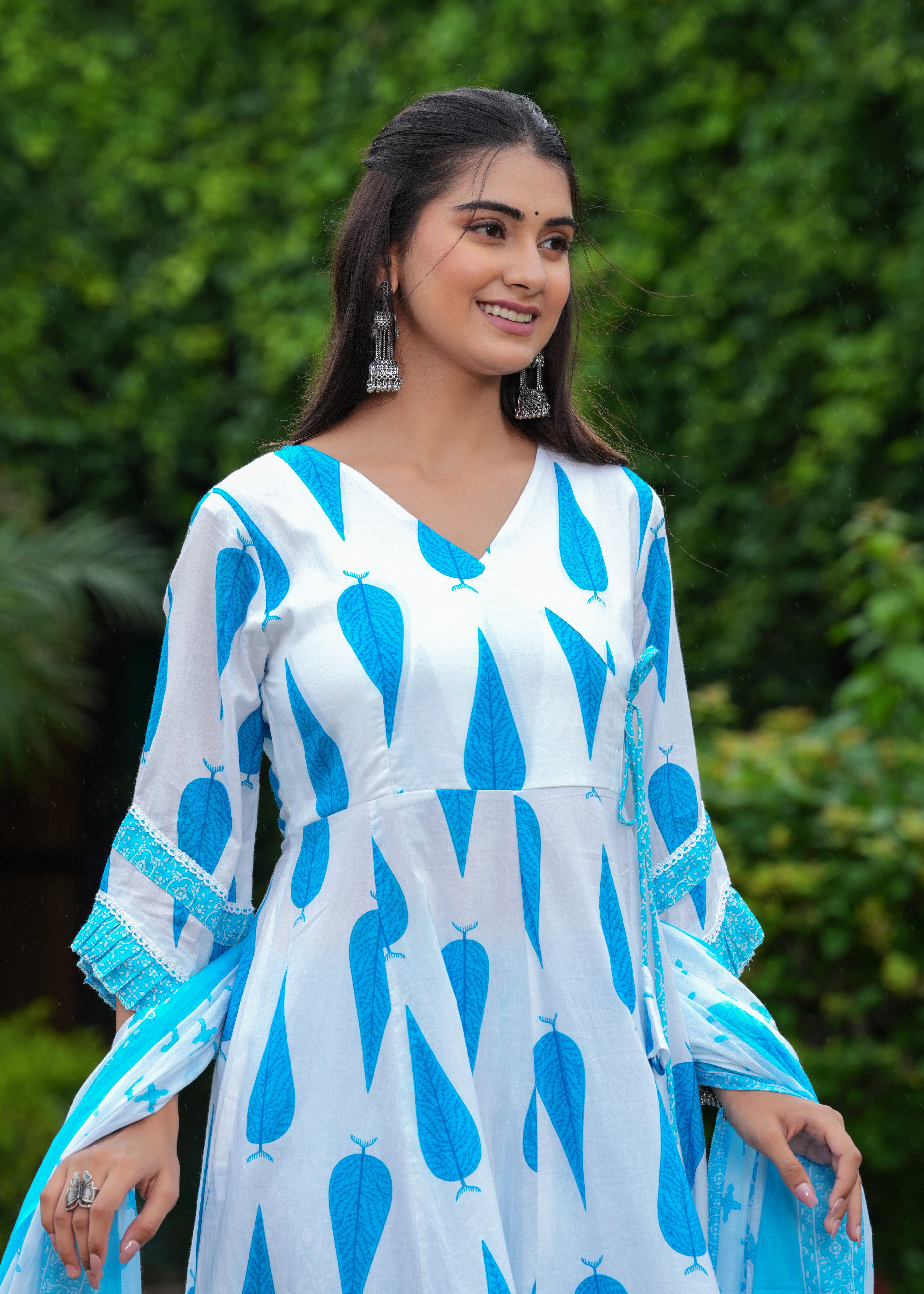 MEERA FAB Women's Cotton Blend Anarkali Printed Kurta with Palazzo & Dupatta