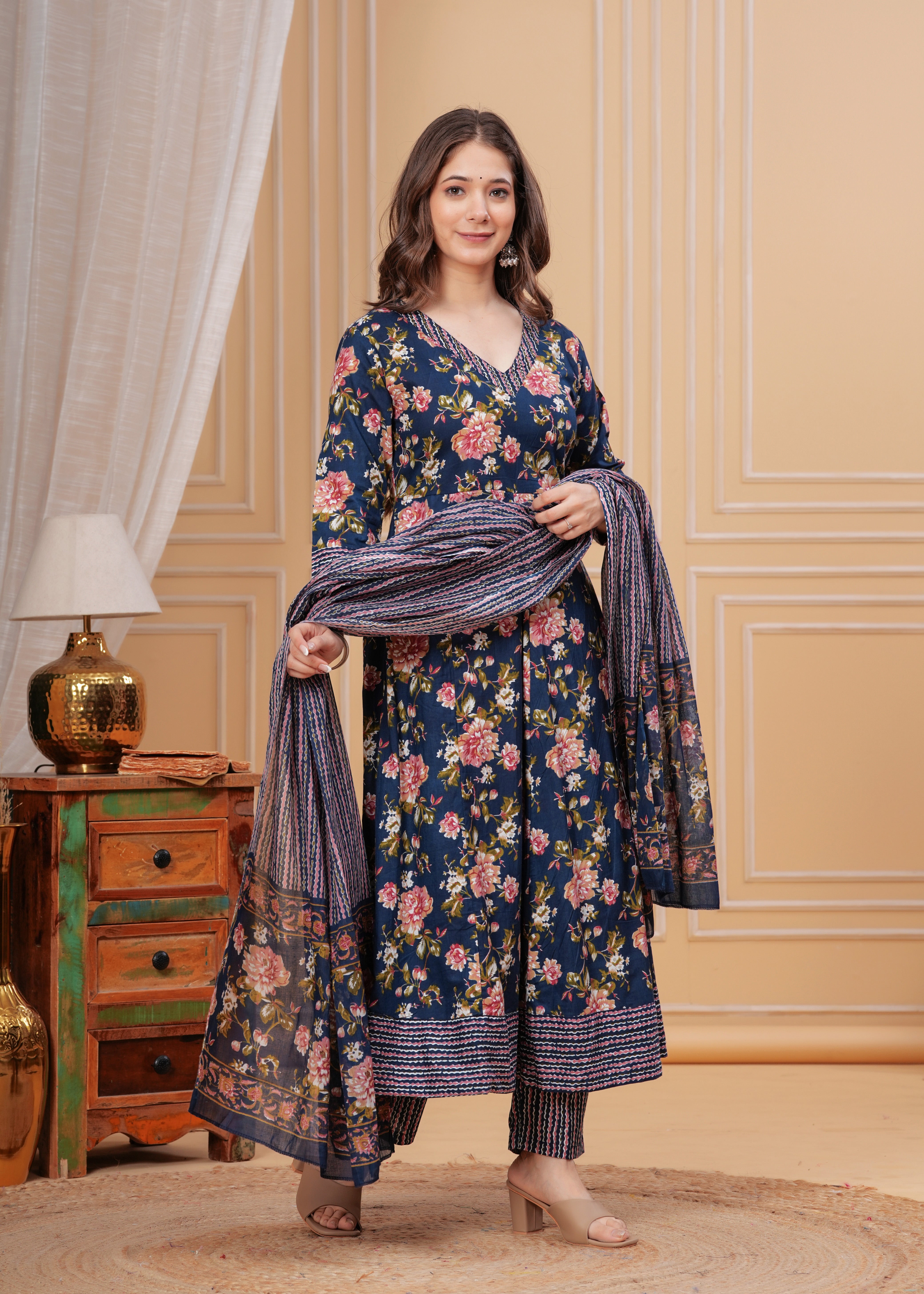 MEERA FAB Women's Pure Cotton V-Neck Anarkali Printed Kurta with Palazzo and Dupatta