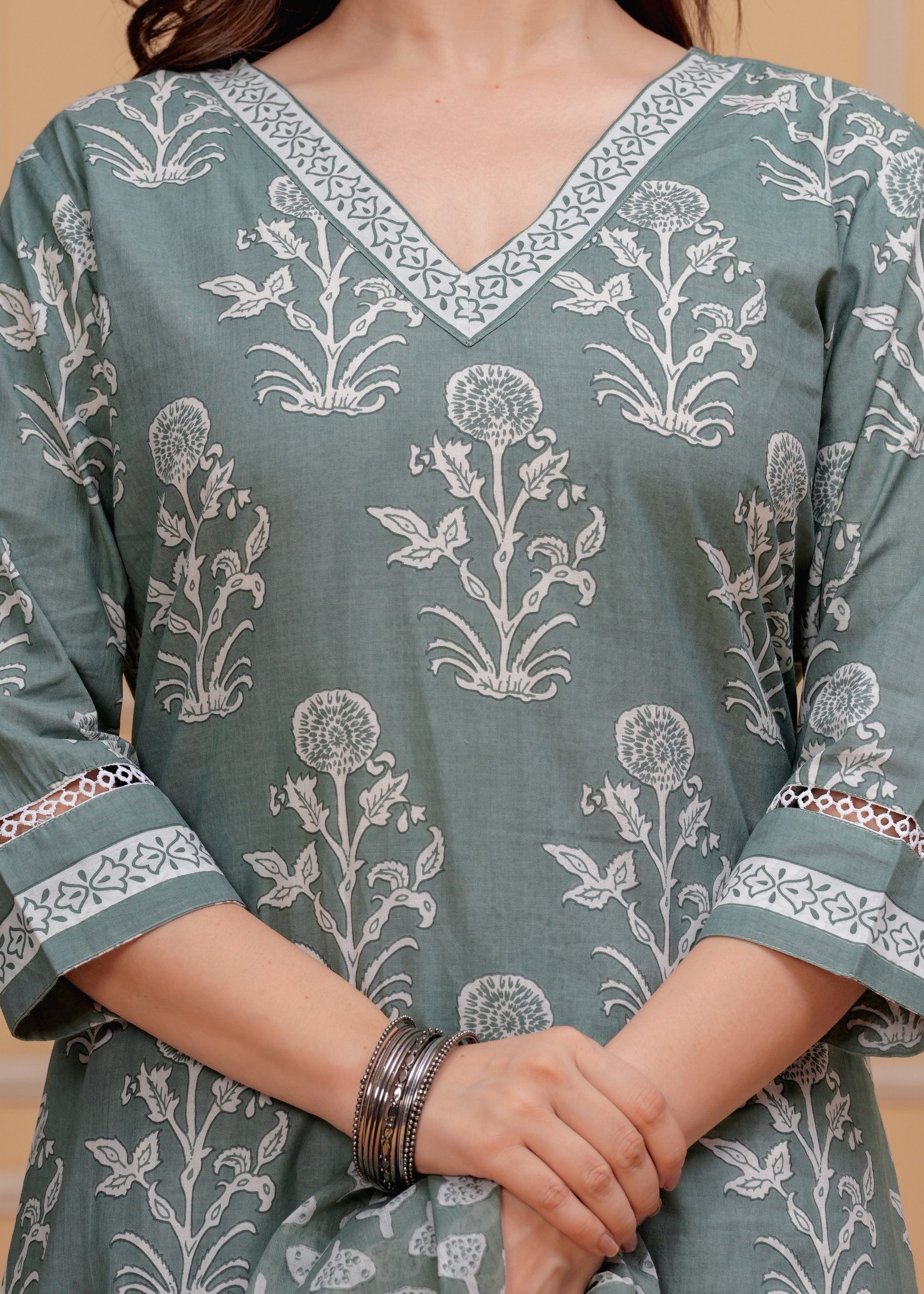 MEERA FAB Women's Cotton Blend Straight Printed Kurta with Palazzo & Dupatta