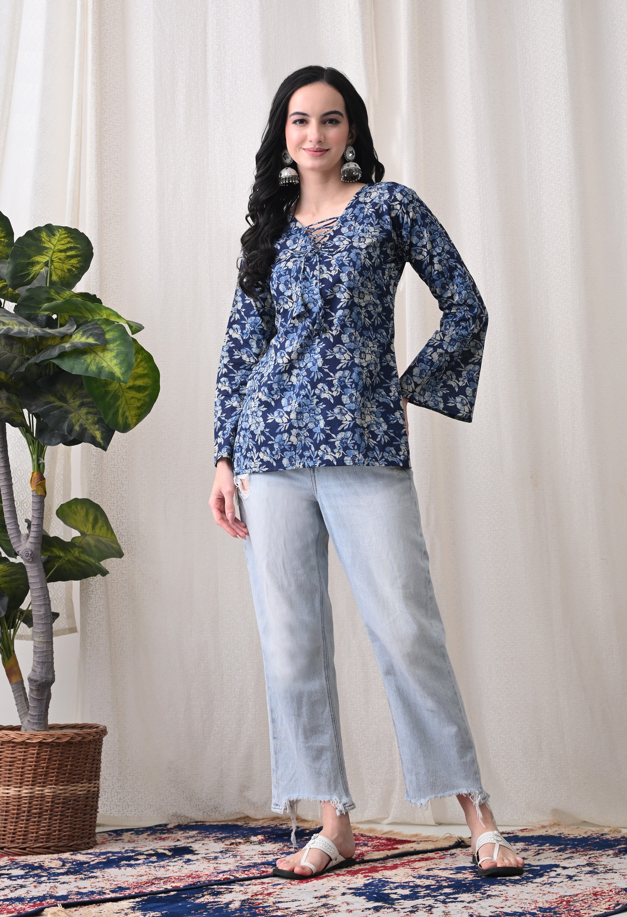 MEERA FAB Women's Boho Floral Printed Kurti Top | V-Neck Tie-Up Cotton Blouse with Bell Sleeves | Casual Summer Tunic for Jeans