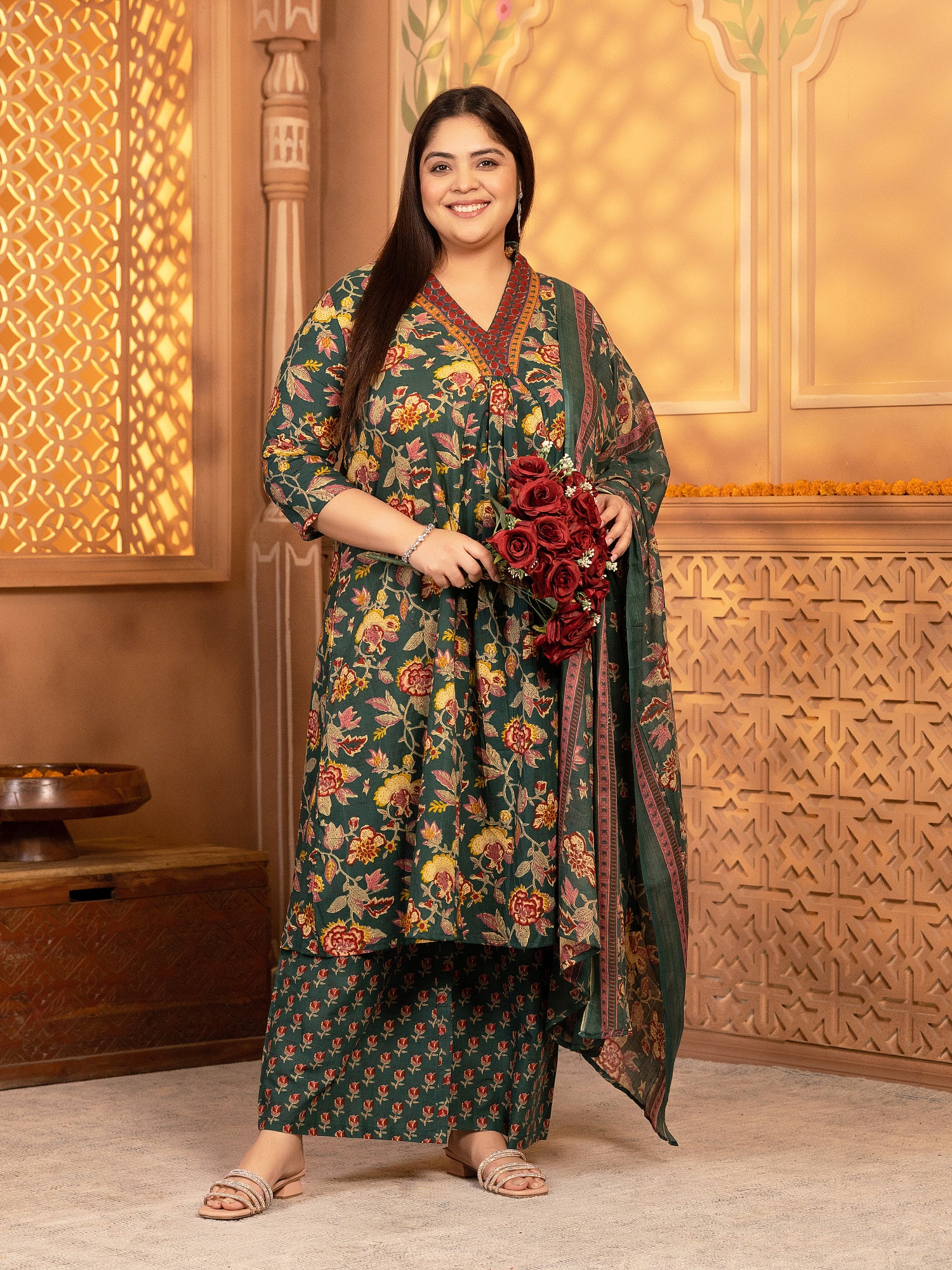 MEERA FAB Women's Cotton Blend V-Neck Plus Size Kurta Printed Kurta with Palazzo & Dupatta Set