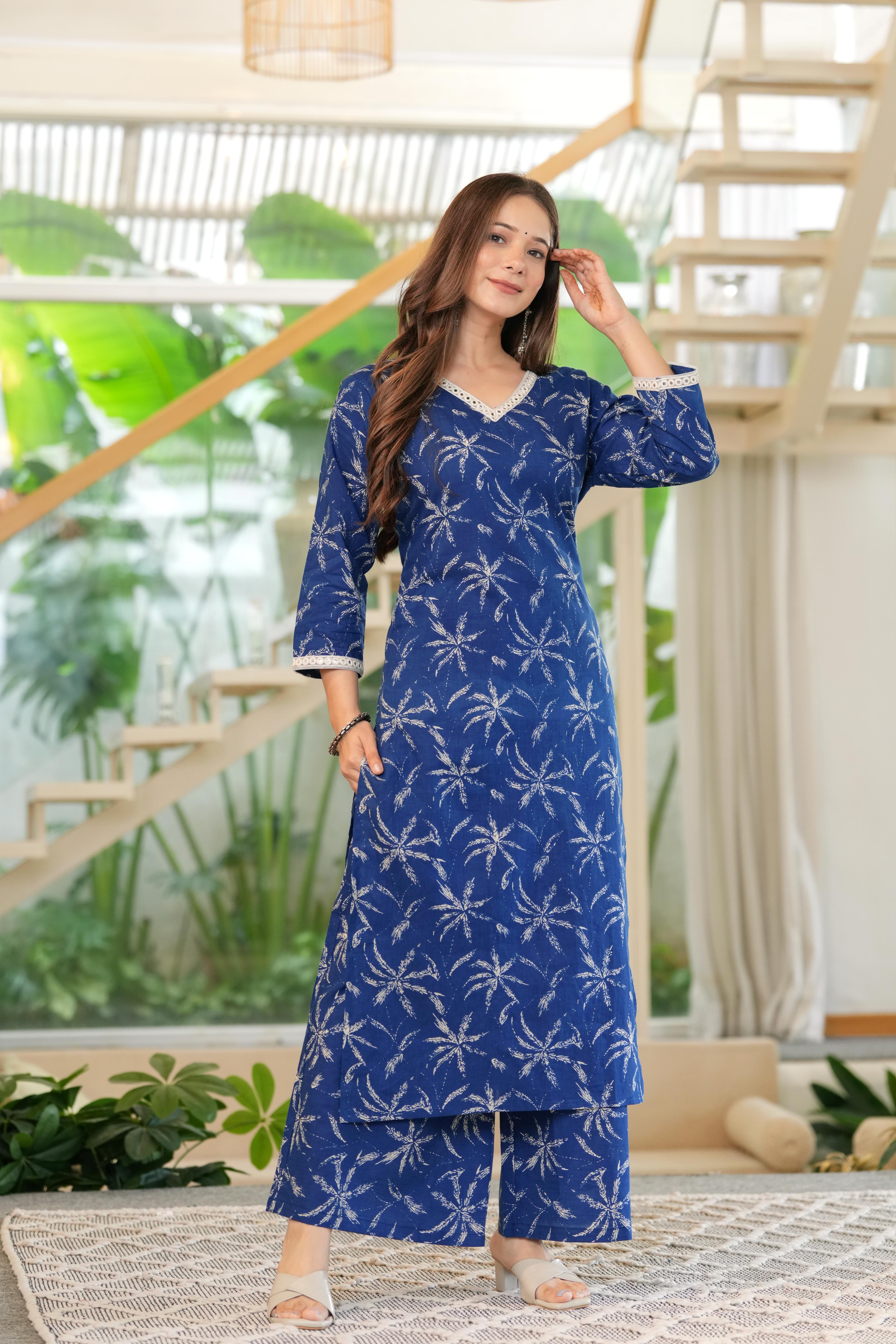 MEERA FAB Women Cotton Printed V-Neck Lace Kurta Palazzo Set